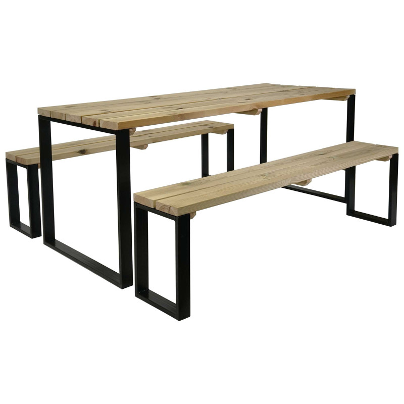 Table de jardin avec bancs en bois et métal noir 6 personnes