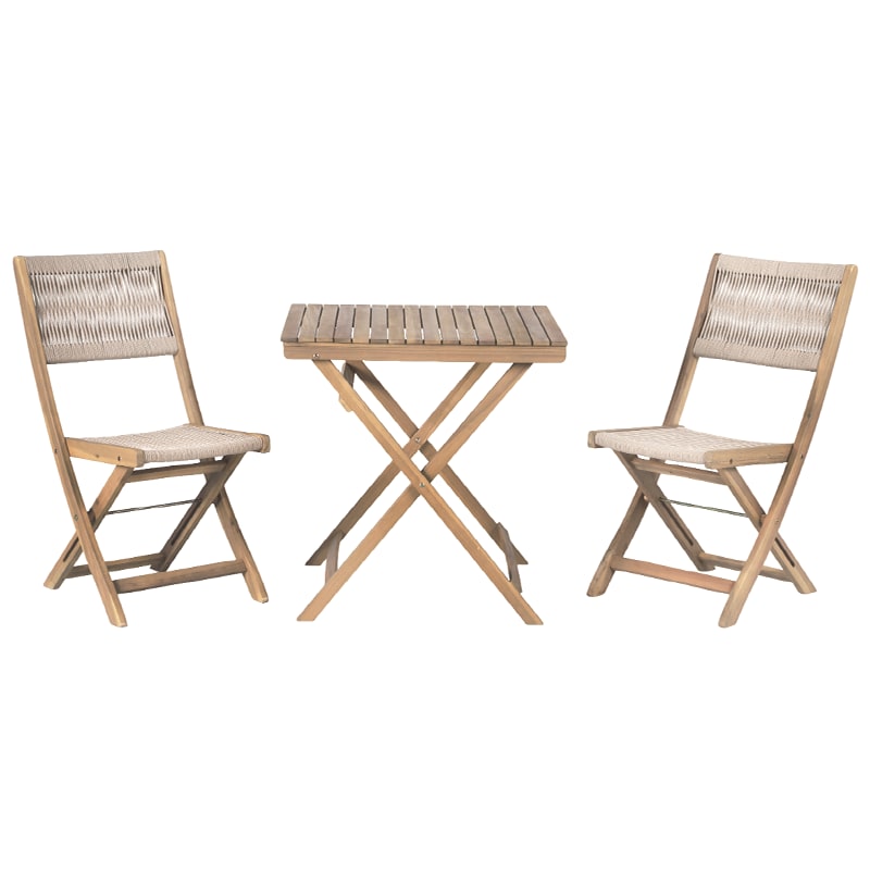 Ensemble repas 2 places en bois d'acacia blanchi et corde beige