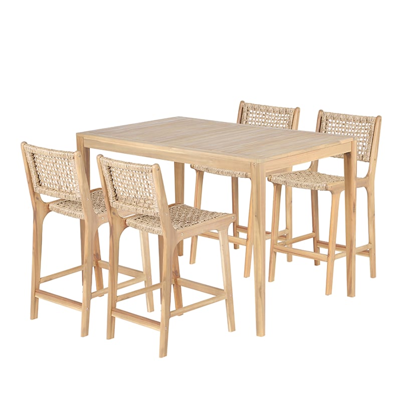 Ensemble table et 4 chaises semi-hautes en bois d'acacia blanchi