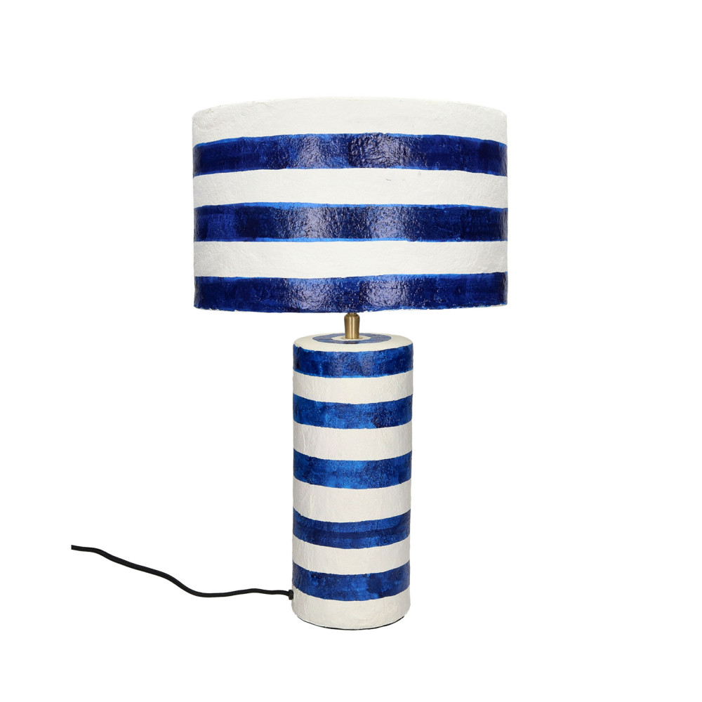 lampe à poser en papier à rayures horizontales d30cm blanc et bleu