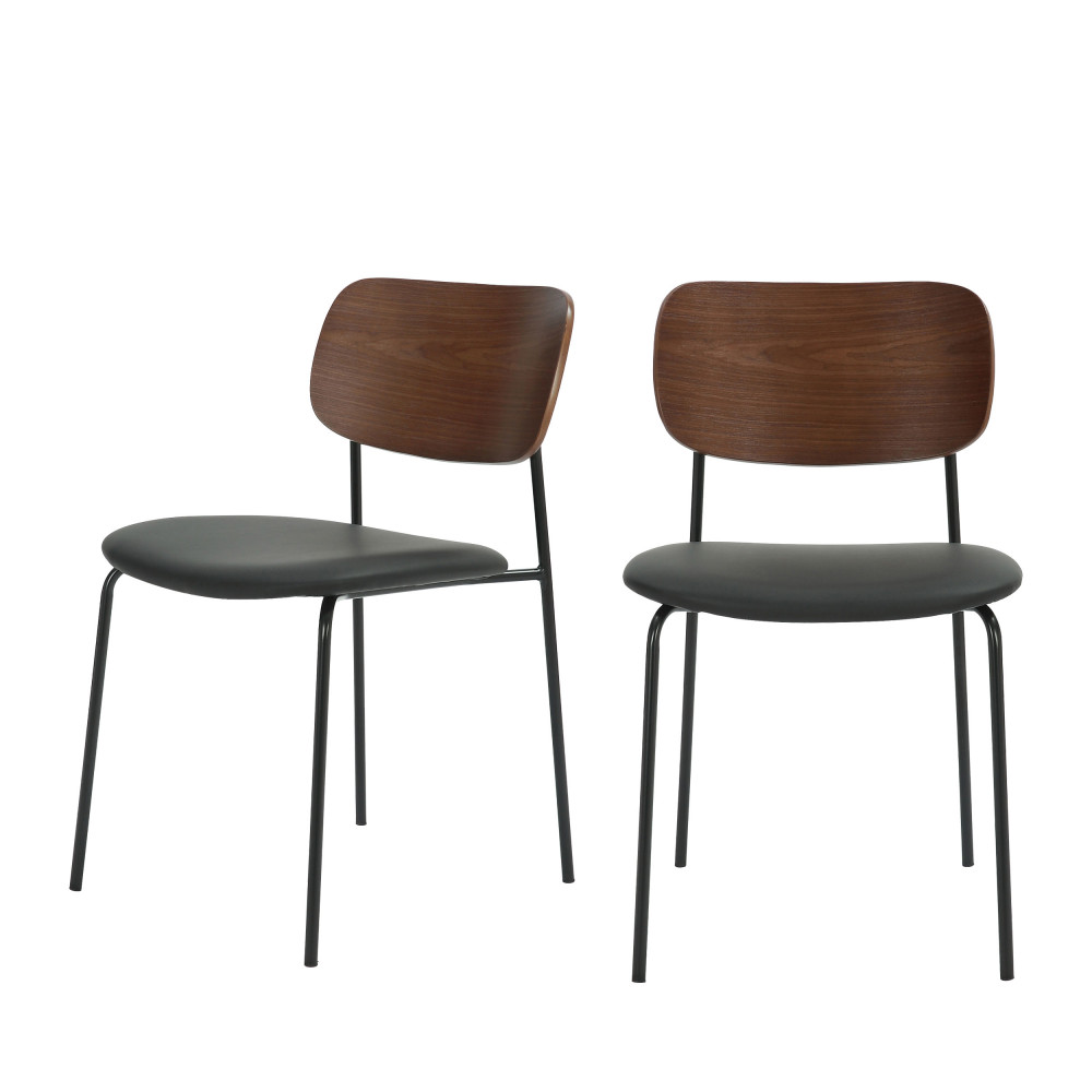 Lot de 2 chaises en bois foncé, simili et métal – Noir