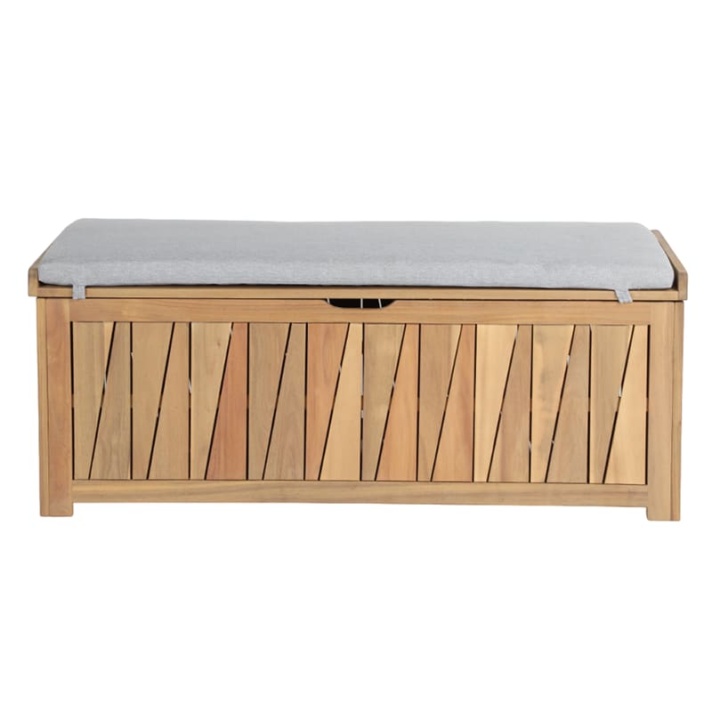 Banc coffre bois d'acacia coussin gris clair 140x60x54 cm