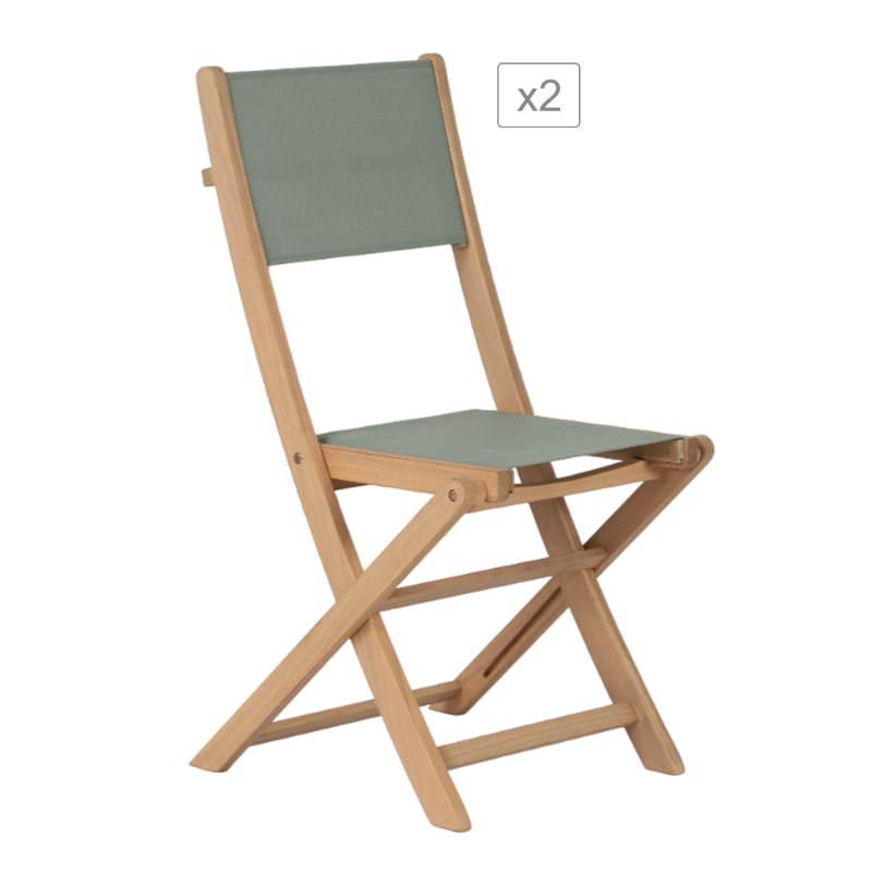 Lot de 2 chaises de jardin en bois d'acacia et textilène vert kaki