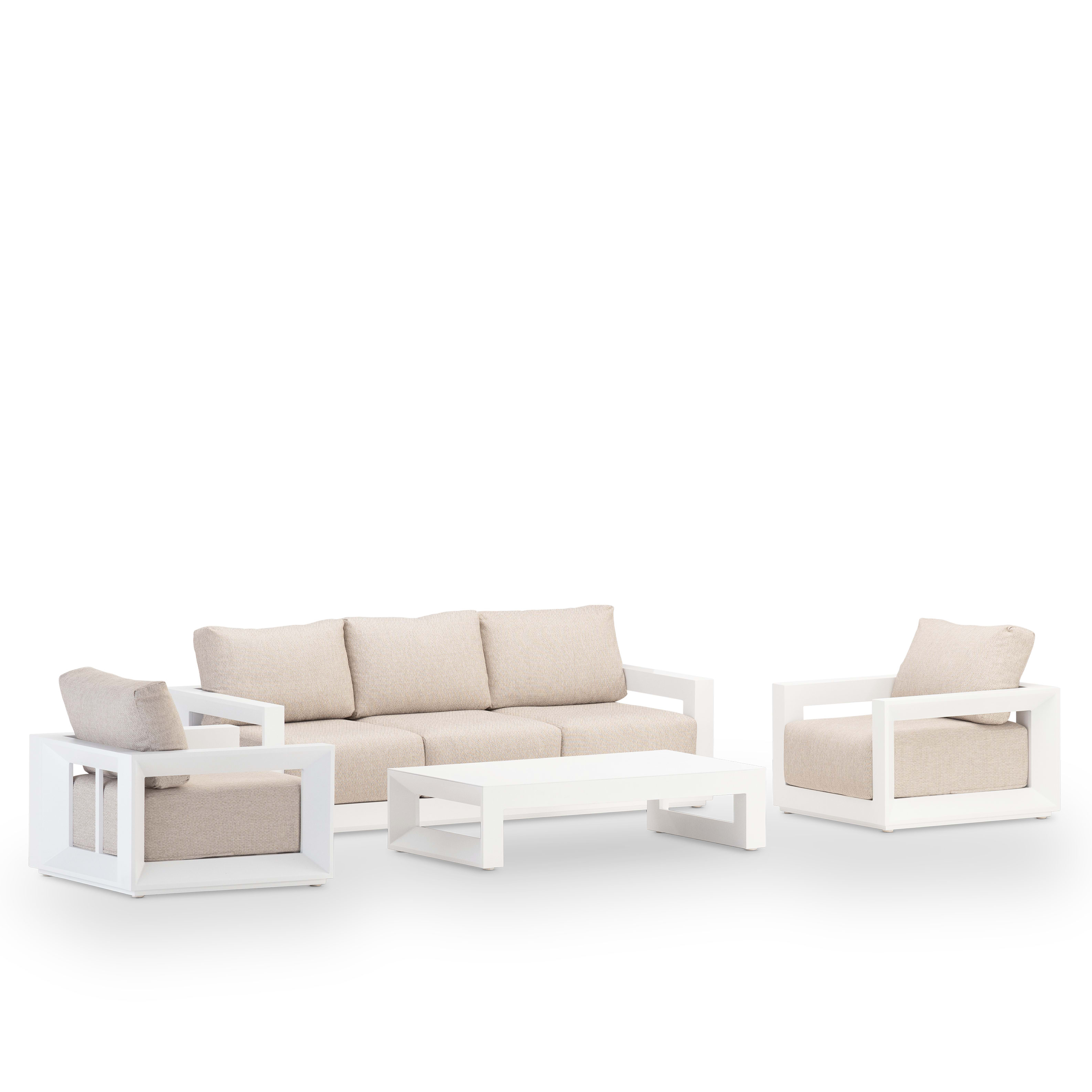 Salon de jardin 5 places aluminium blanc coussins beige