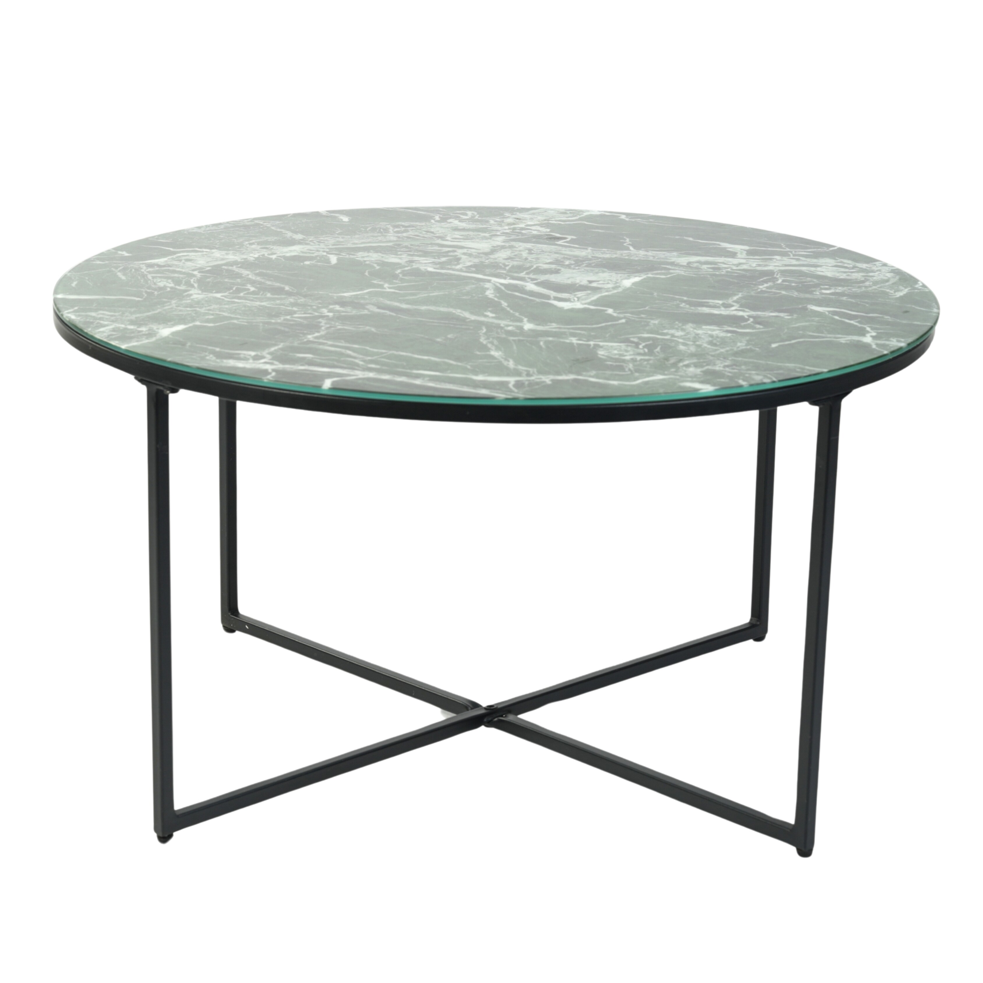 table basse ronde en verre effet marbre blanc et métal noir mat