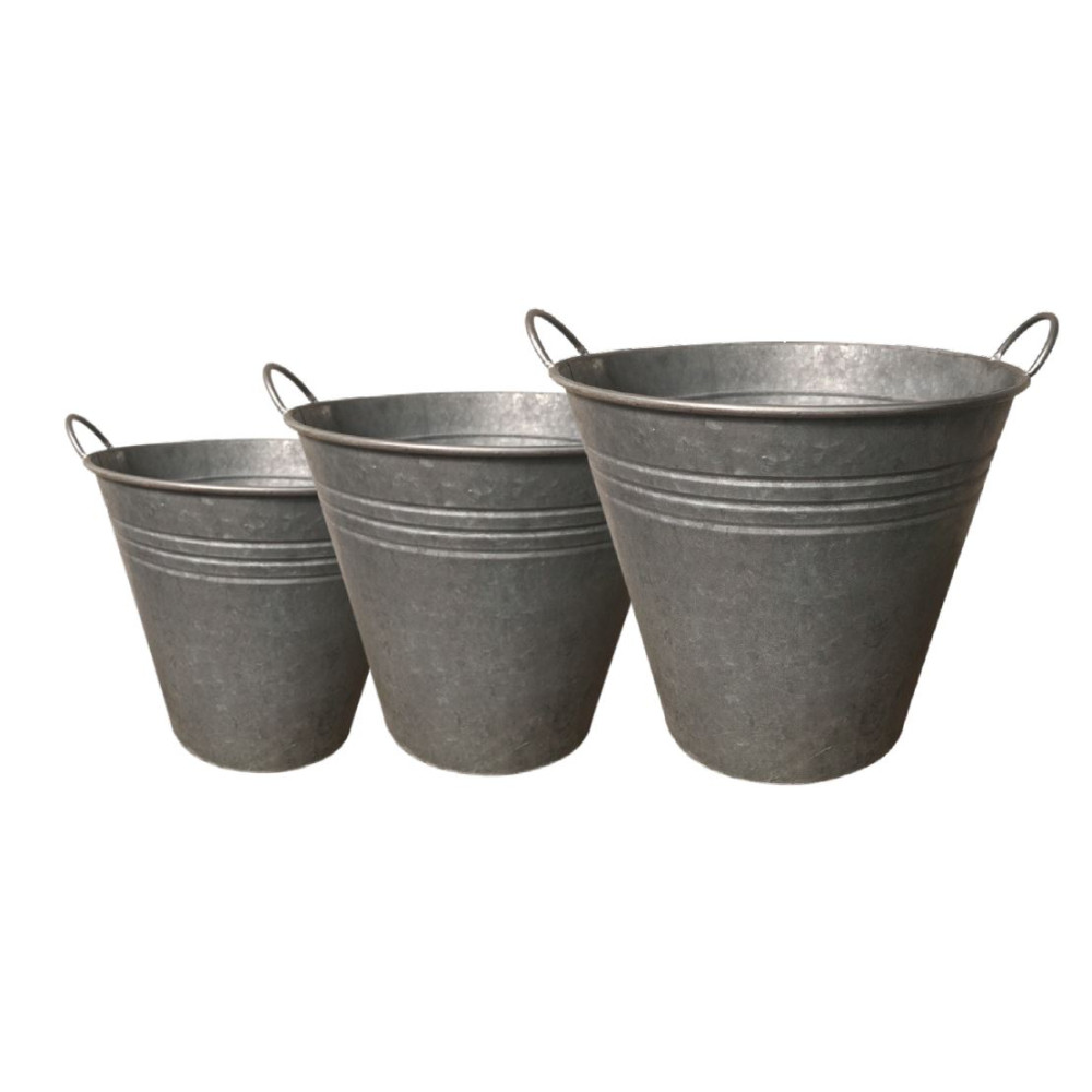 Set de 3 seaux en zinc gris Ht.23.5-31-41 cm