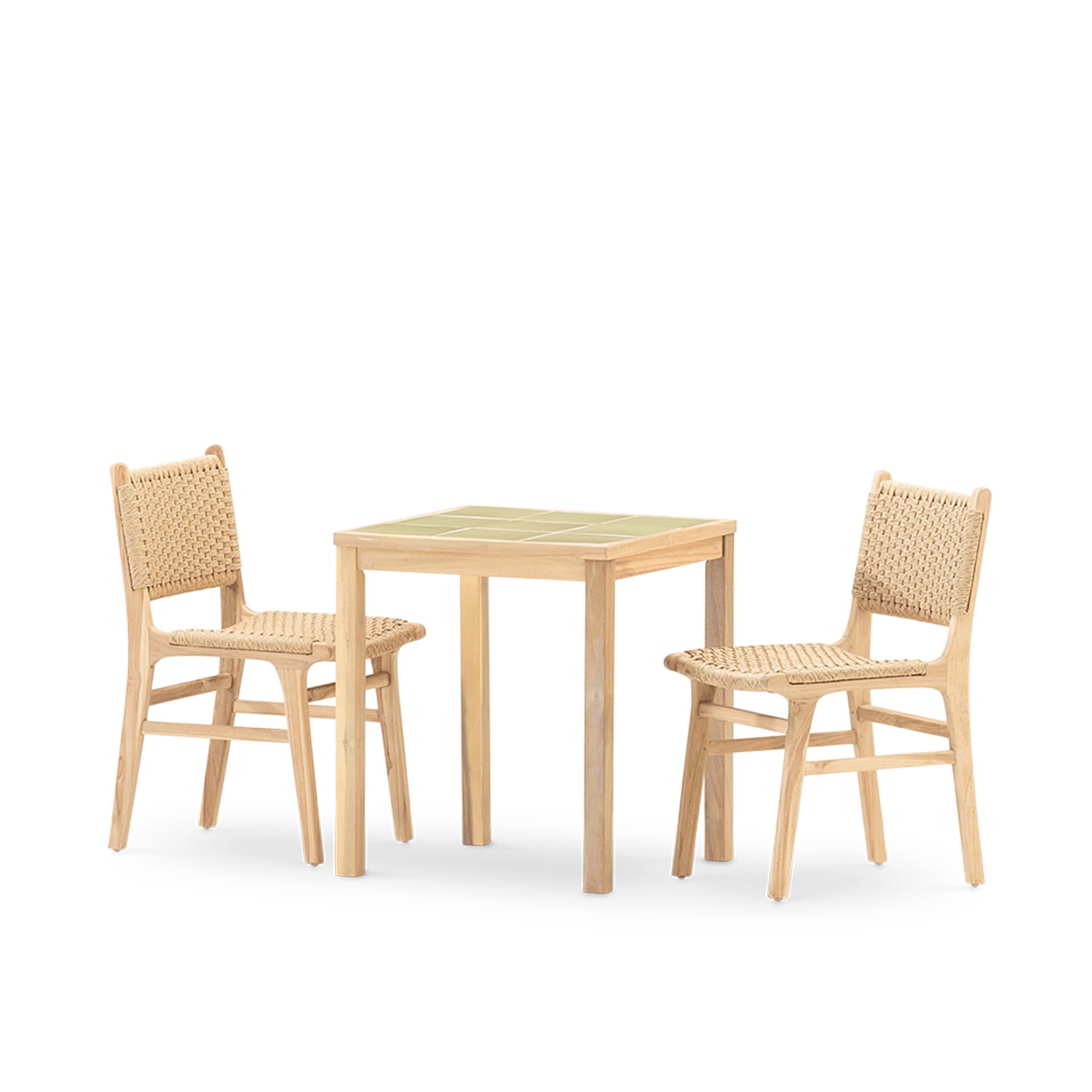 Set de table et 2 chaises en bois et céramique vert clair 65x65