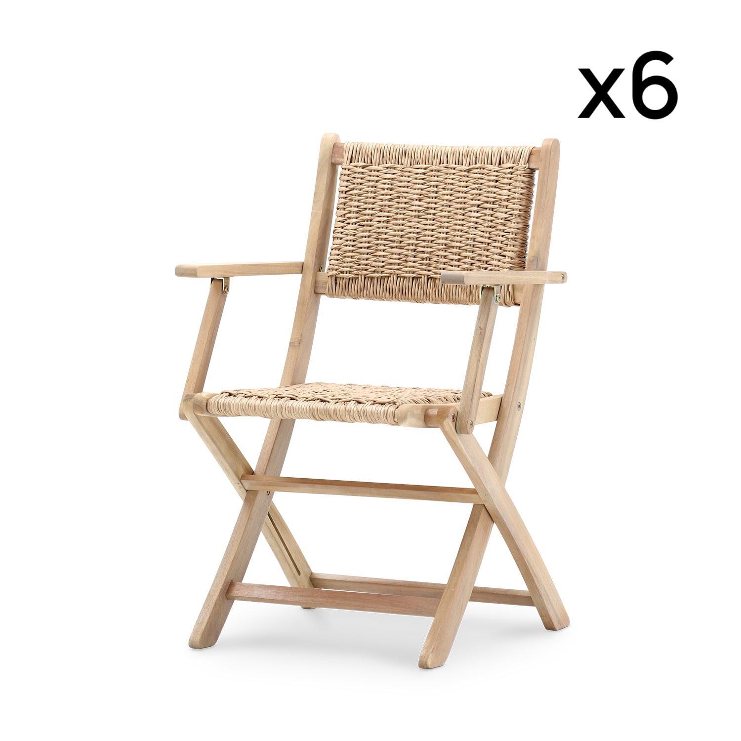 Lot de 8 chaises pliantes en bois avec accoudoirs en jonc