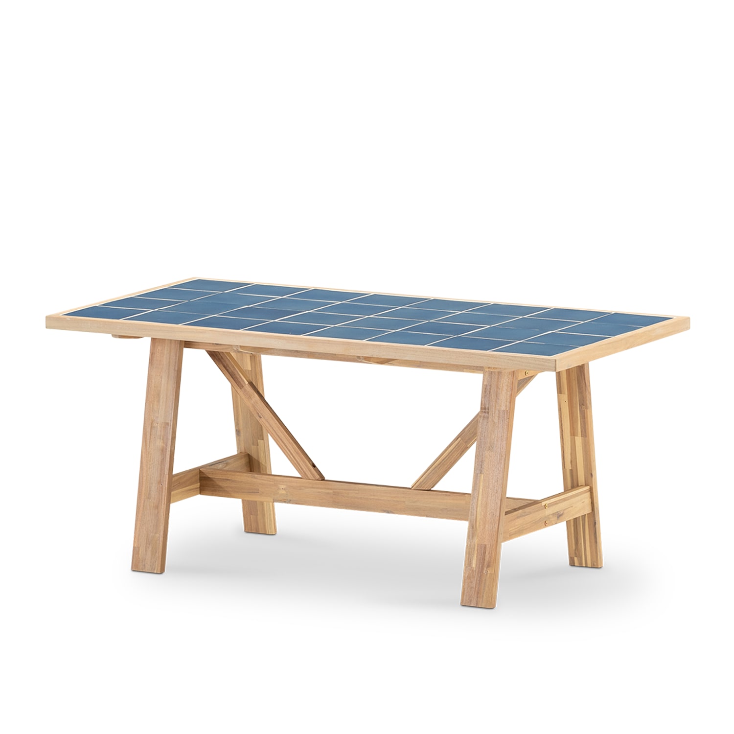 Table repas de jardin en bois et céramique bleue 168x87