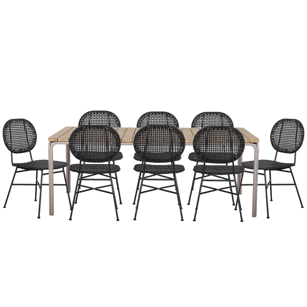 Ensemble table bois d'acacia 200 cm et 8 chaises coloris noir