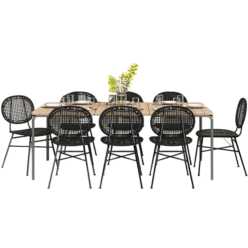 ensemble table bois d'acacia fsc 200 cm et 8 chaises  coloris noir