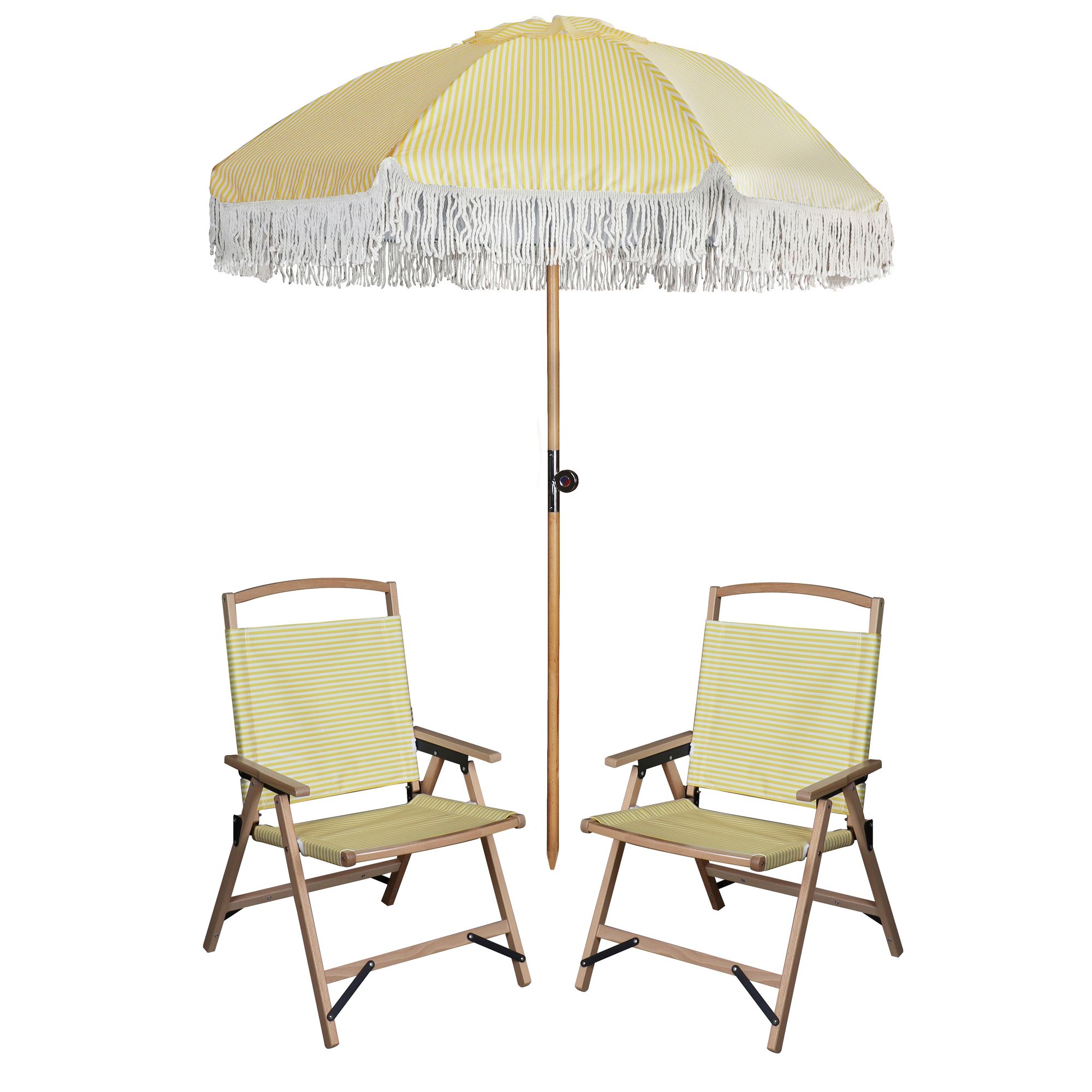 Lot de 2 chaises de plage jaunes et parasol assorti