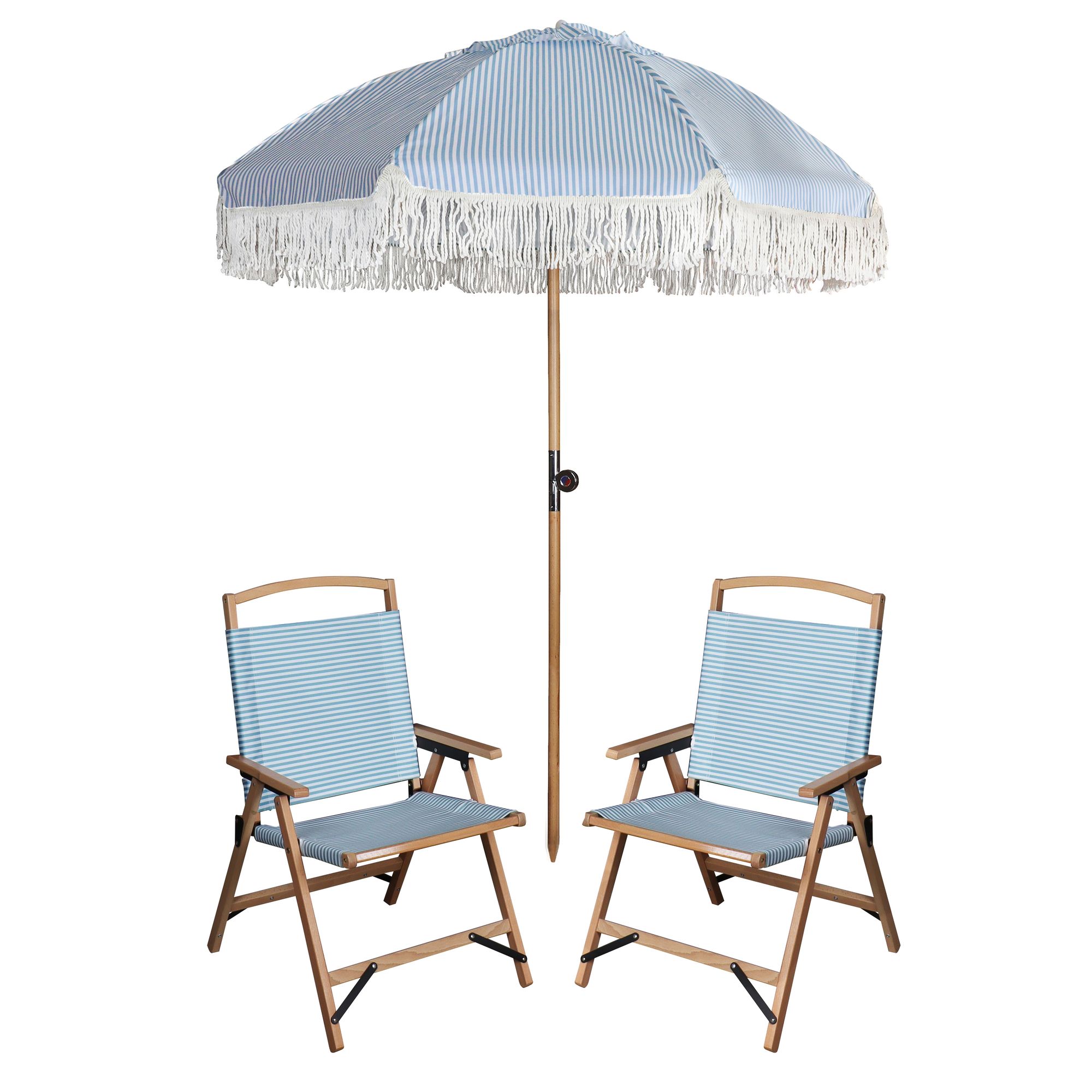 Lot de 2 chaises de plage bleues et parasol assorti