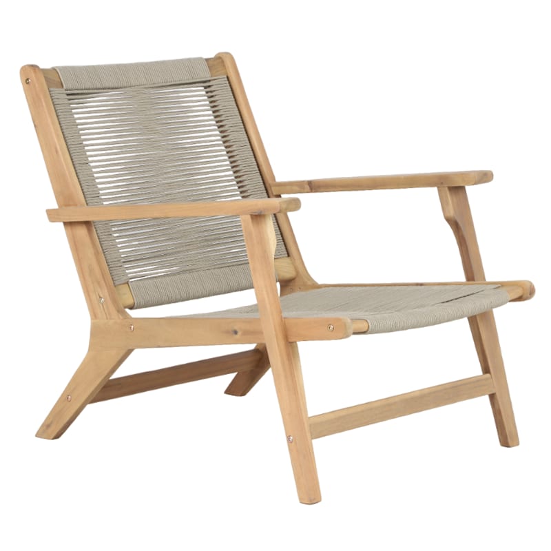 fauteuil de jardin en bois d'acacia et corde beige avec accoudoirs