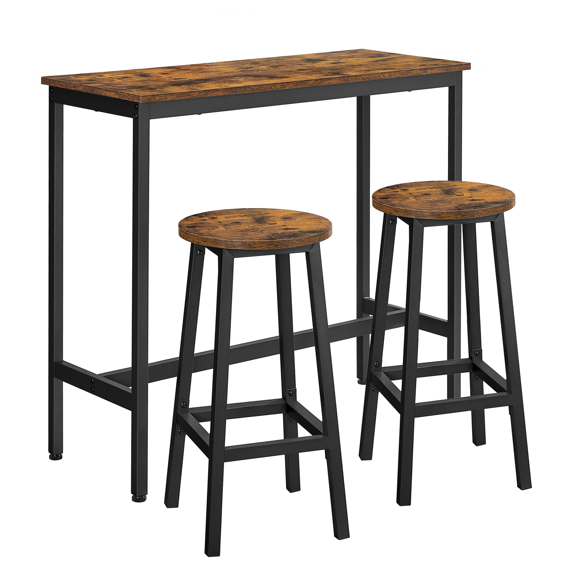 Ensemble table de bar tabourets effet bois marron rustique et noir