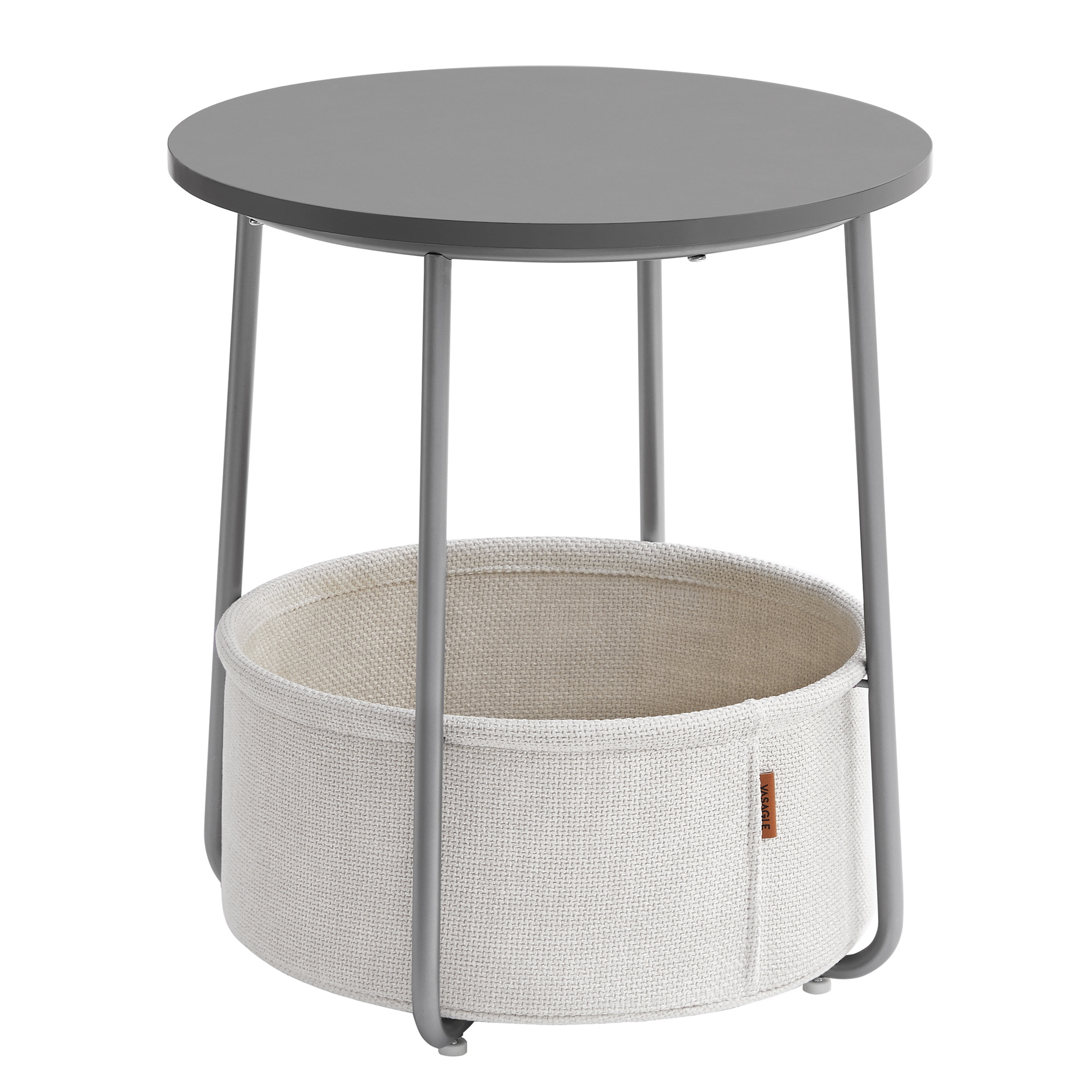 petite table basse ronde avec panier tissu effet bois gris ciment