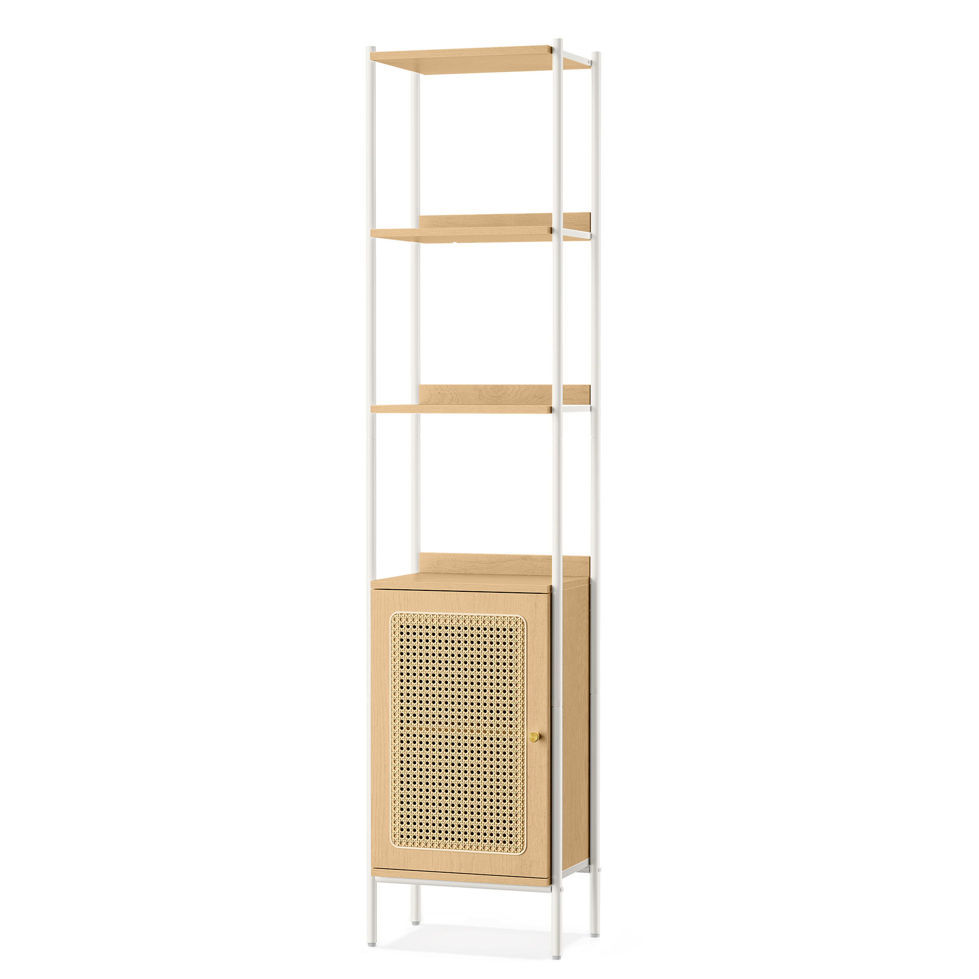 Étagère haute avec porte imitation rotin beige chêne et blanc perle