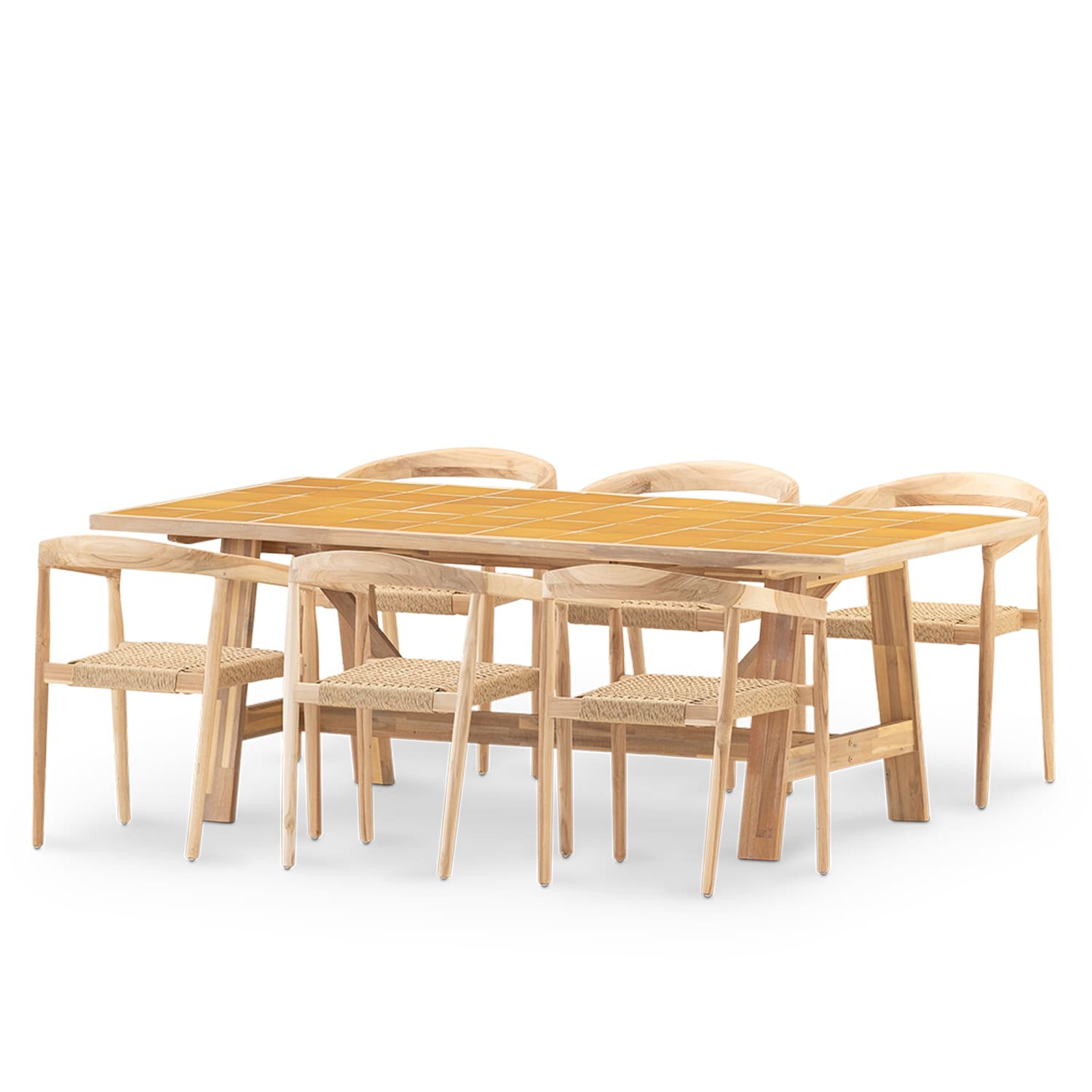 Ensemble de table et 6 fauteuils en bois et céramique moutarde 205x105