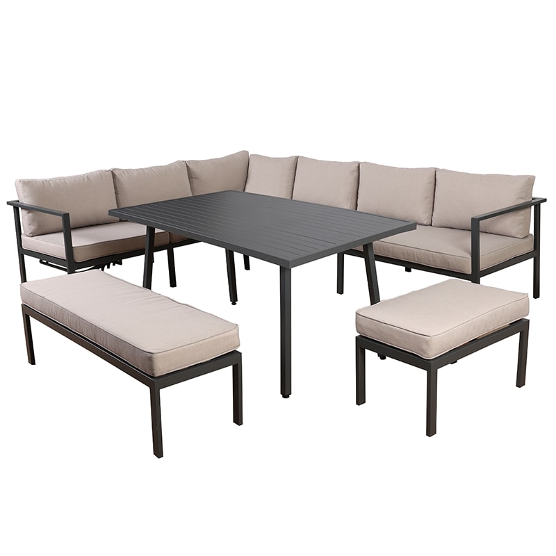 Salon de jardin 8 places en aluminium gris foncé banquette relevable