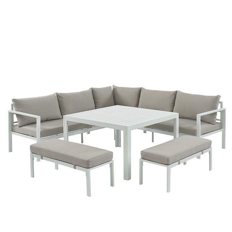 Salon de jardin 8 places en aluminium blanc et coussins beige housse