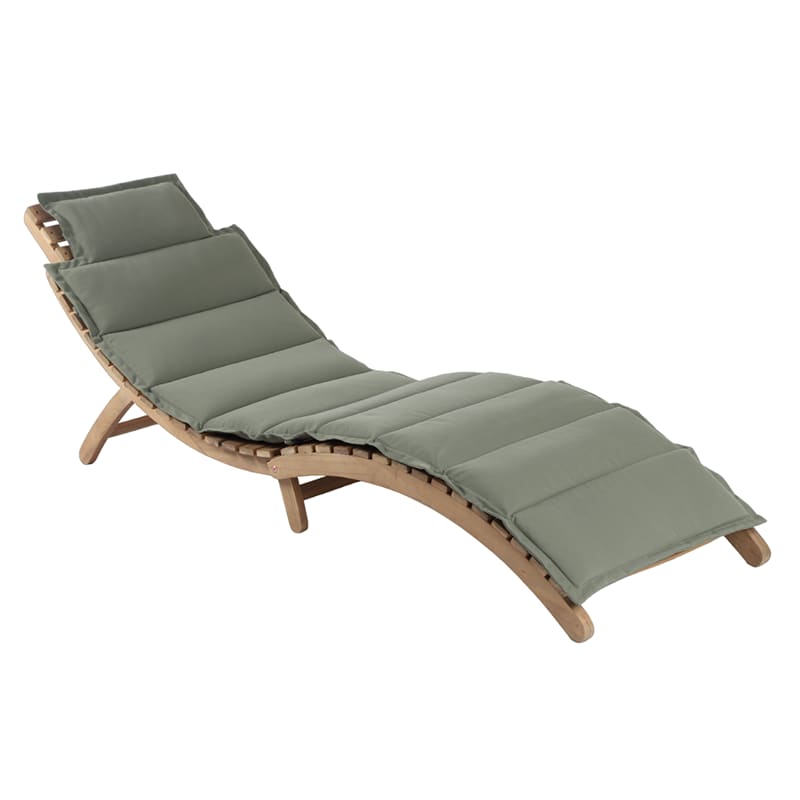 Chaise longue de jardin en bois d'acacia blanchi matelas vert kaki