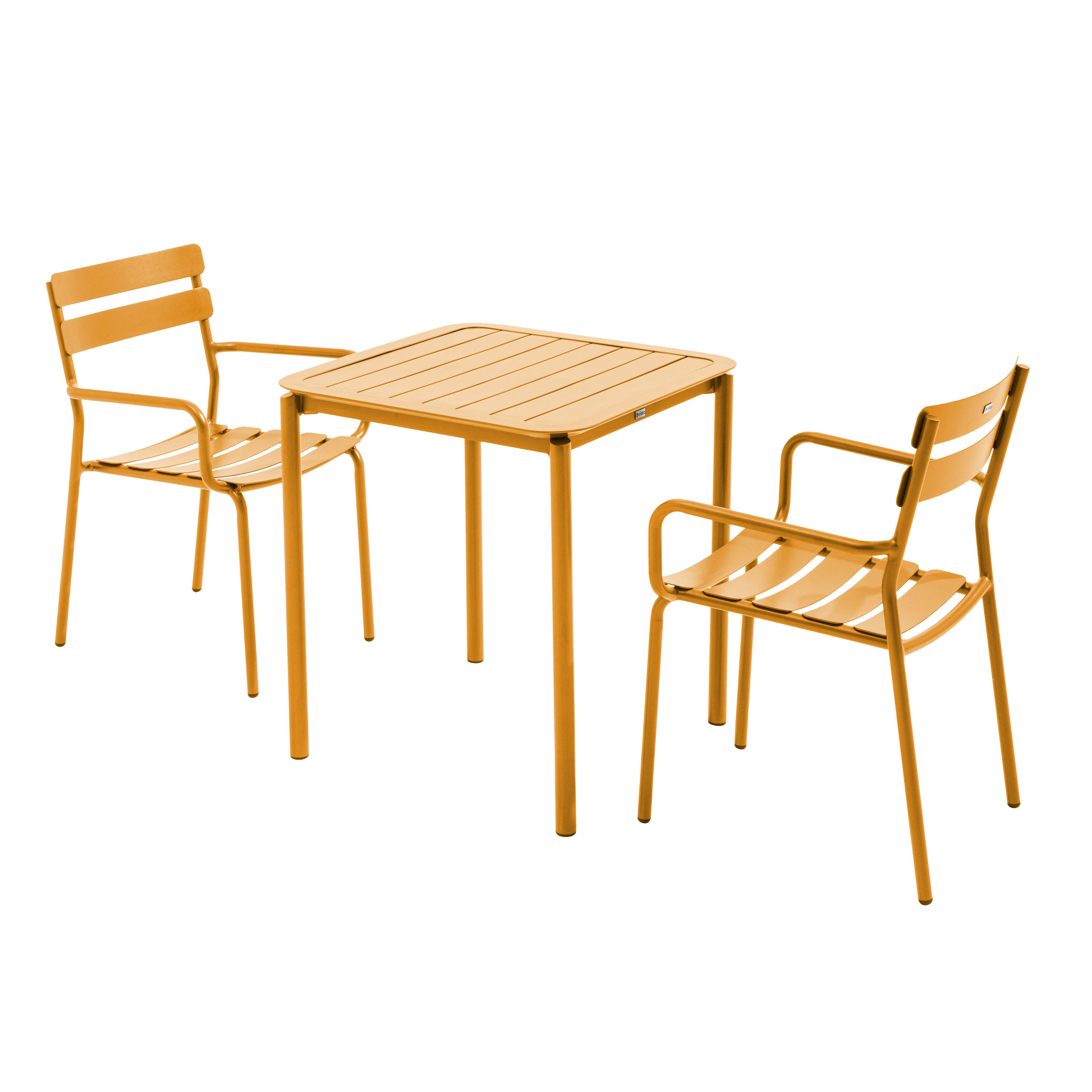 Ensemble table de terrasse 70cm et 2 fauteuils jaune moutarde