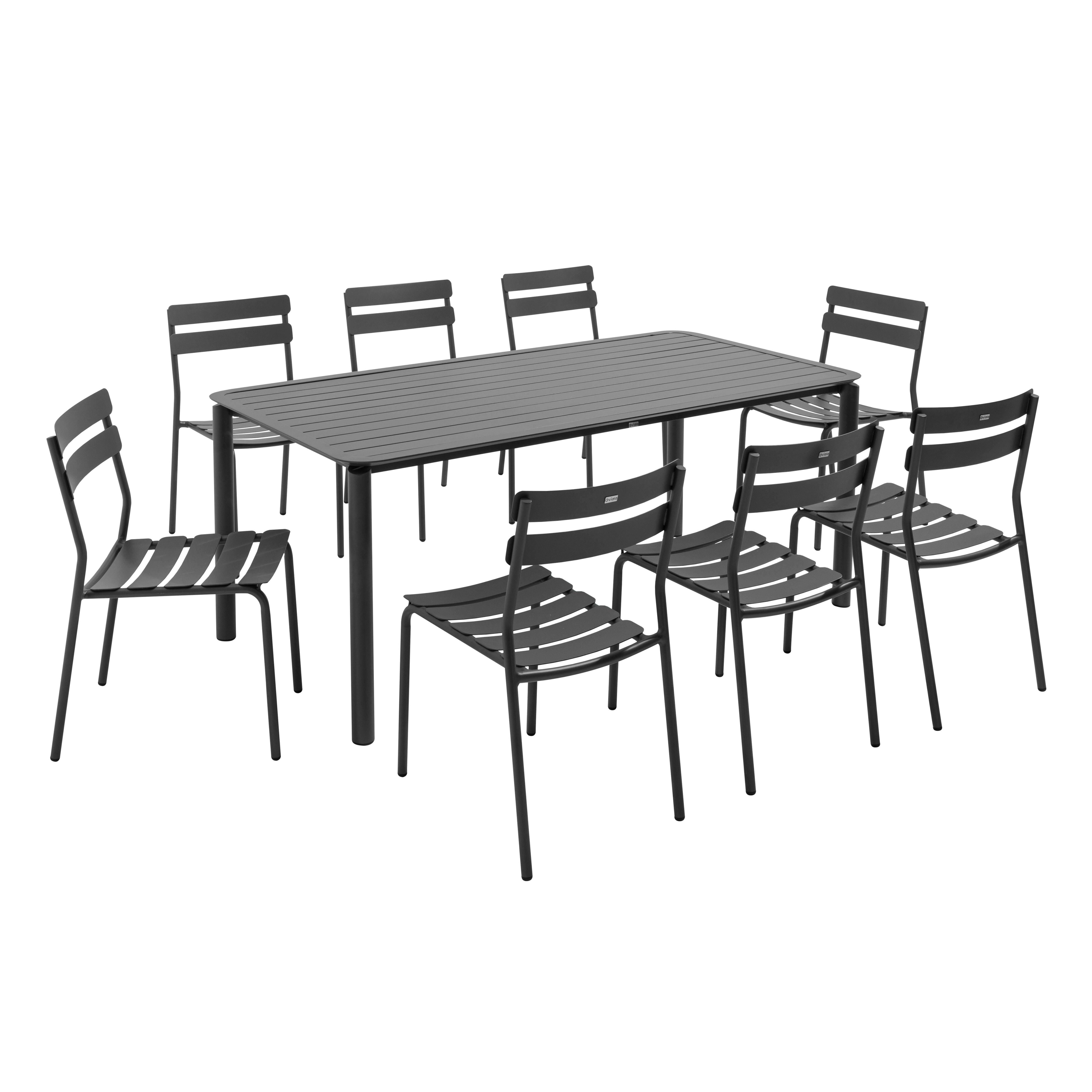 Ensemble table de terrasse (185 x 92cm) et 8 chaises noir