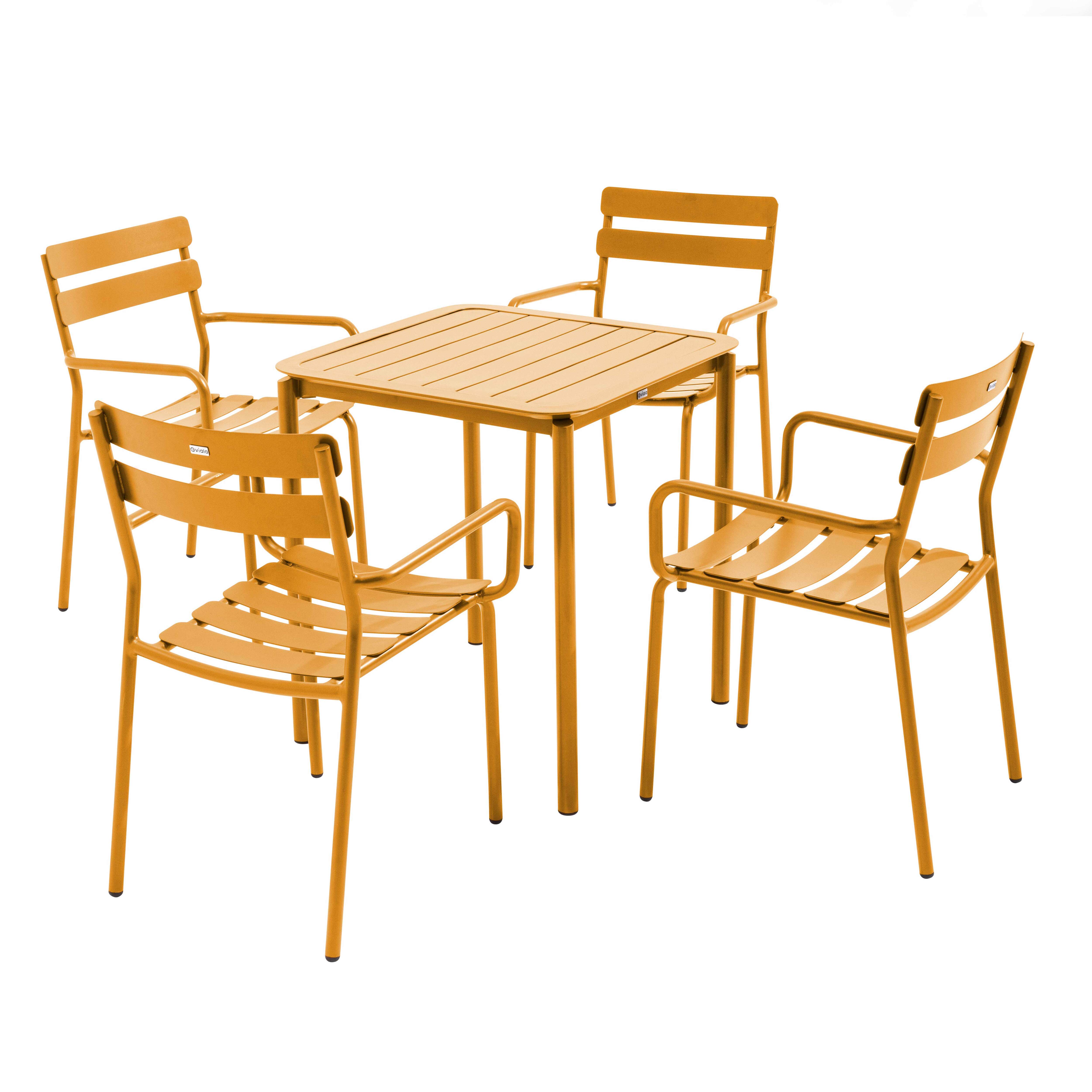 Ensemble table de terrasse 70cm et 4 fauteuils jaune moutarde