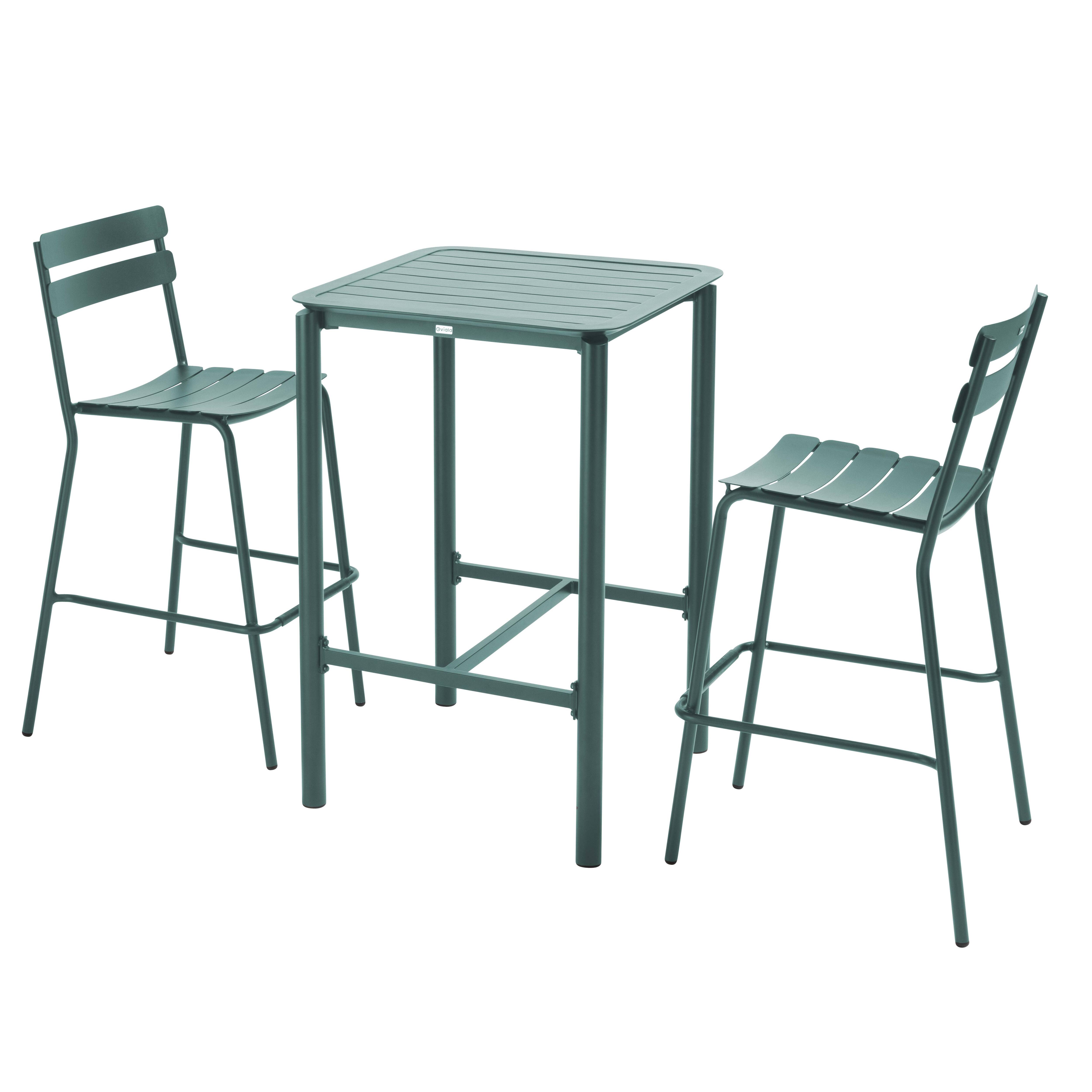 Table haute de terrasse avec 2 chaises en aluminium vert foncé