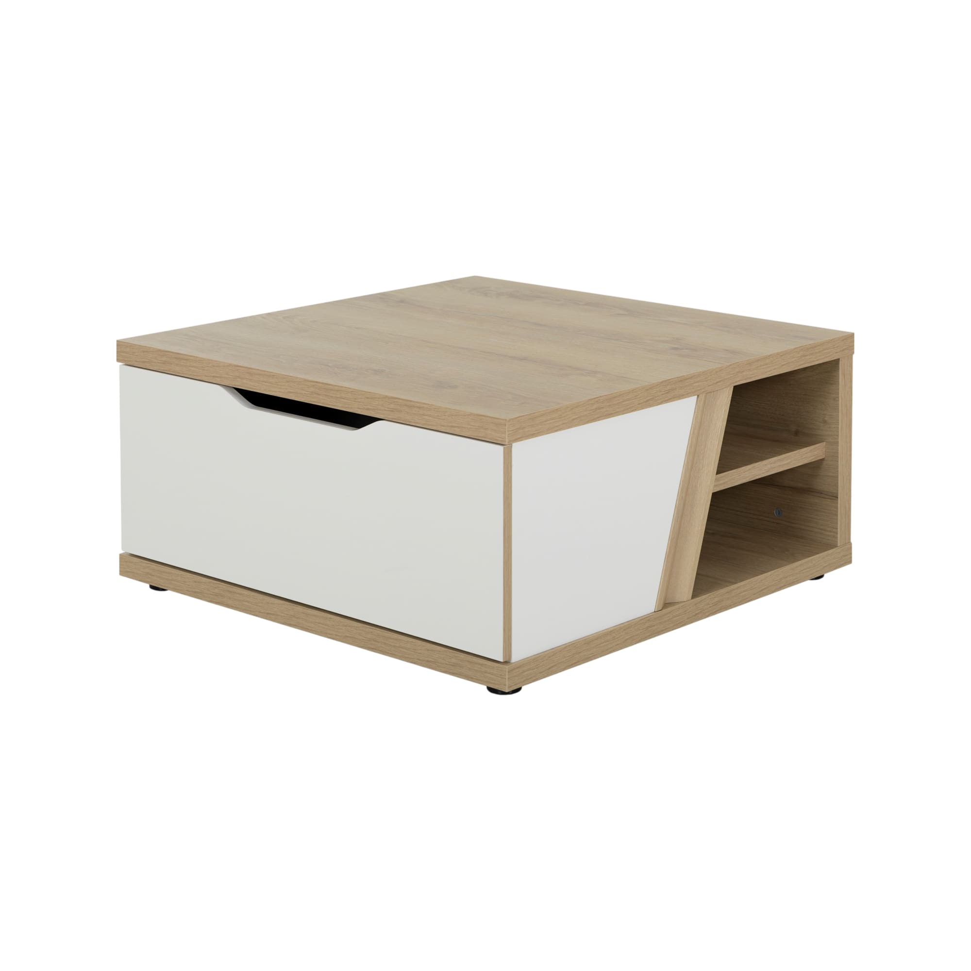 Table basse carrée effet bois chêne 1 tiroir mat blanc