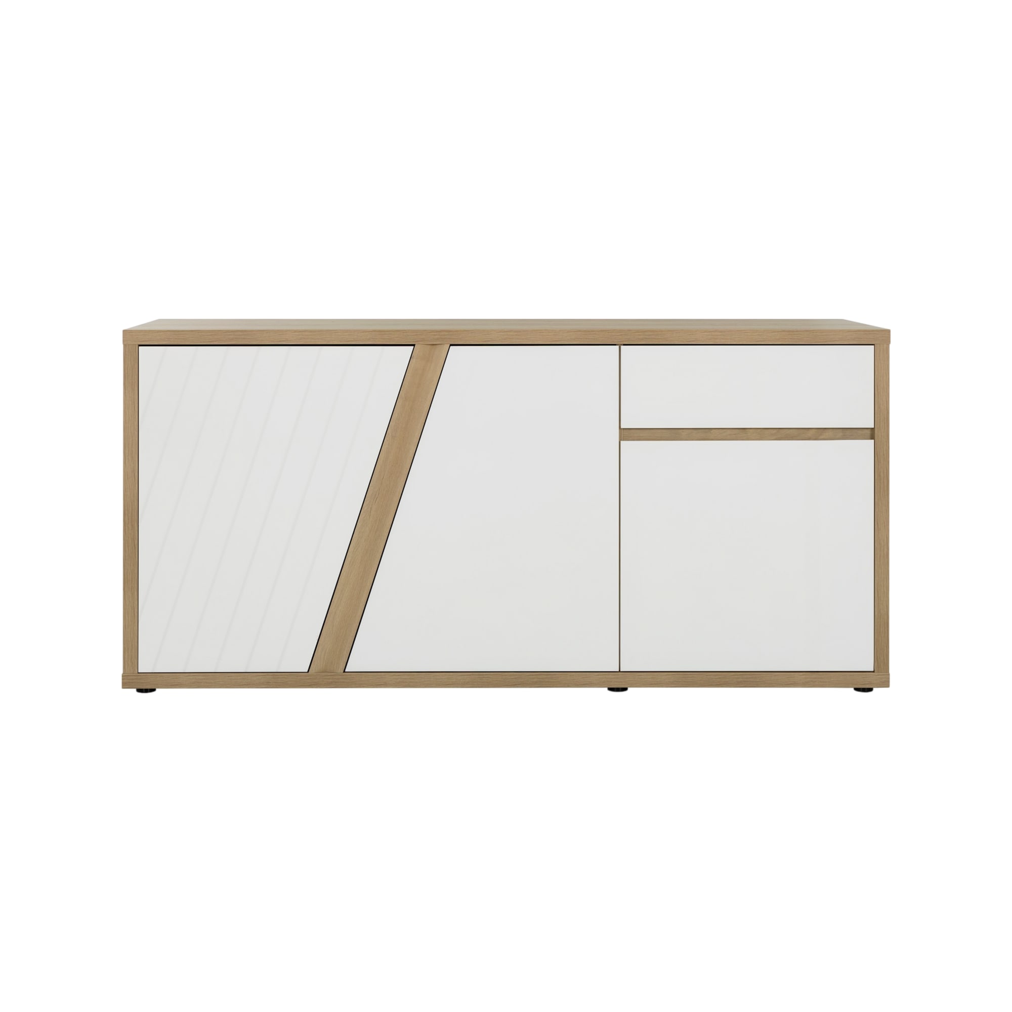 Buffet 3p 1t blanc brillant & effet bois chêne matière durable