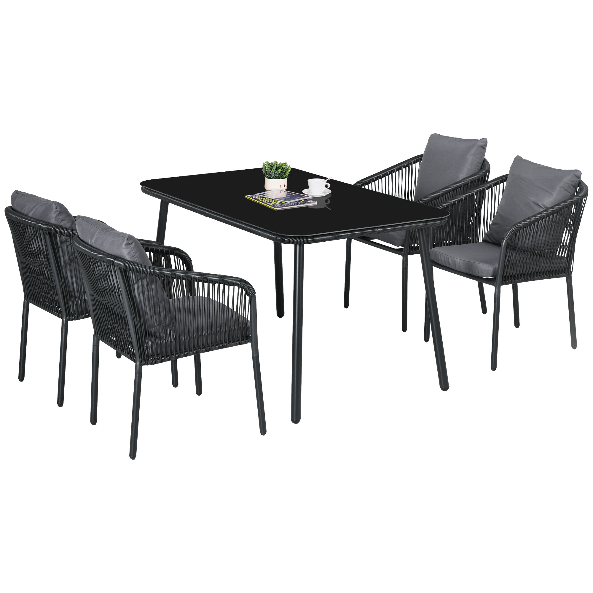 Salon de jardin 4 places 5 pcs table manger chaises empilables coussin