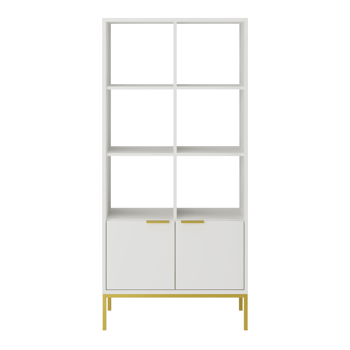 Bibliothèque 2 portes 6 étagères blanc et doré