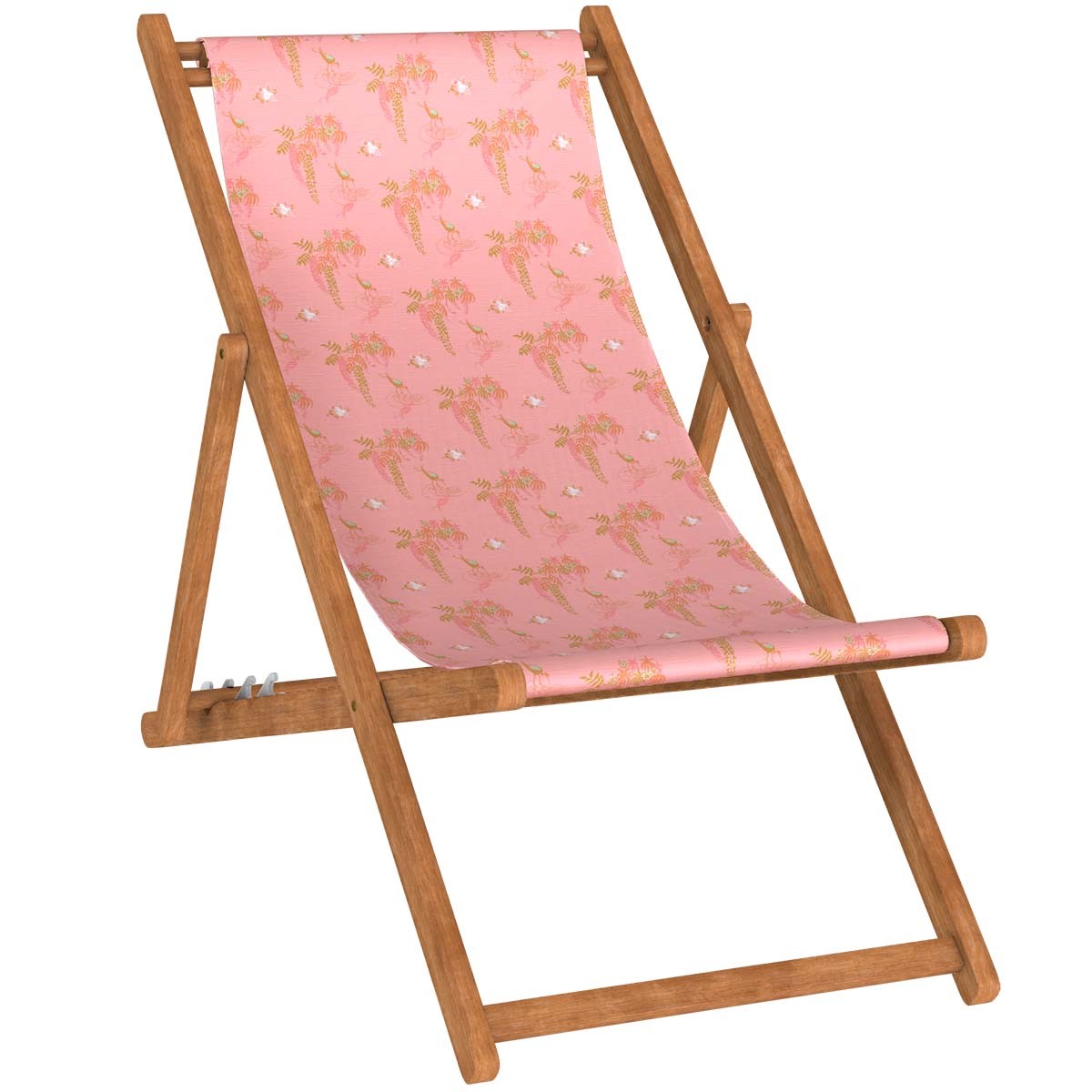 Chilienne pliante en hêtre et toile outdoor imprimé fleuri rose