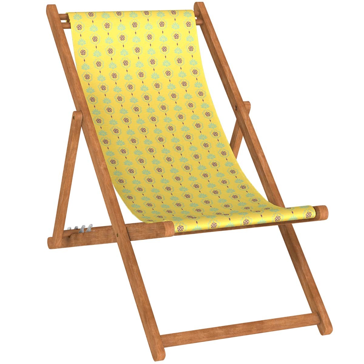 Chilienne pliante en hêtre et toile outdoor motif ananas jaune