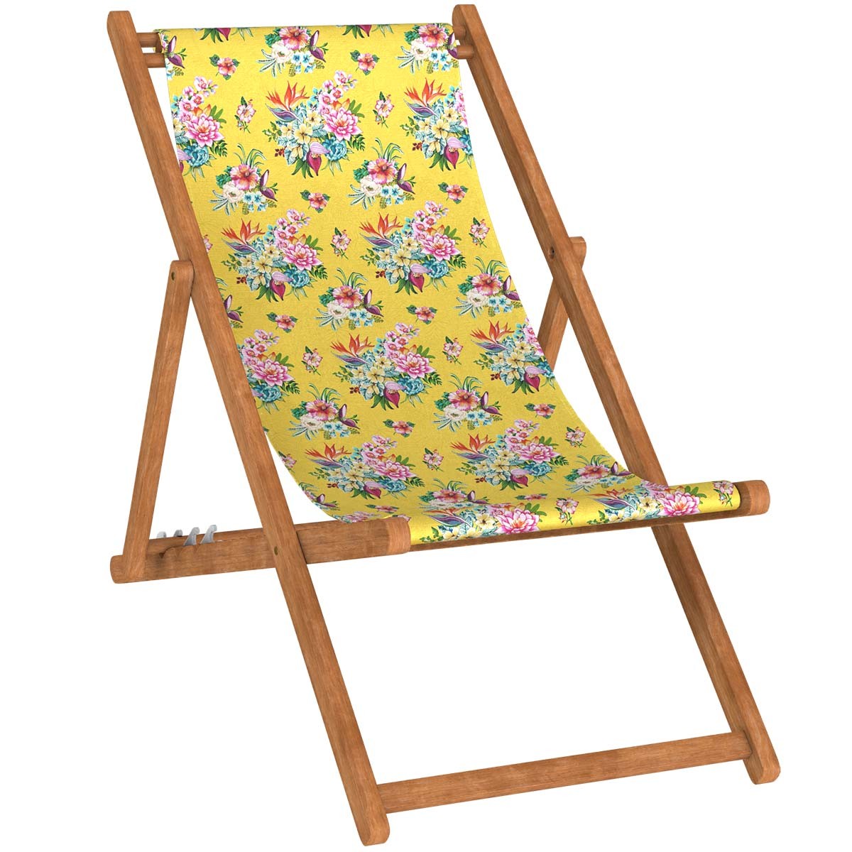 Chilienne pliante en hêtre et toile outdoor imprimé fleuri jaune