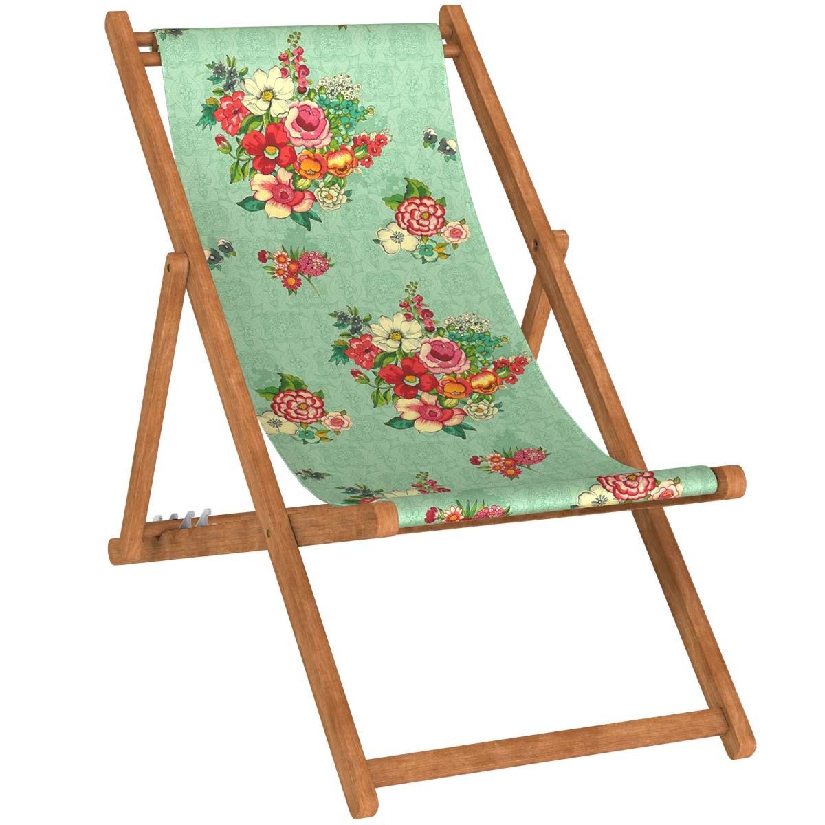 Chilienne pliante en hêtre et toile outdoor imprimé fleuri lagon