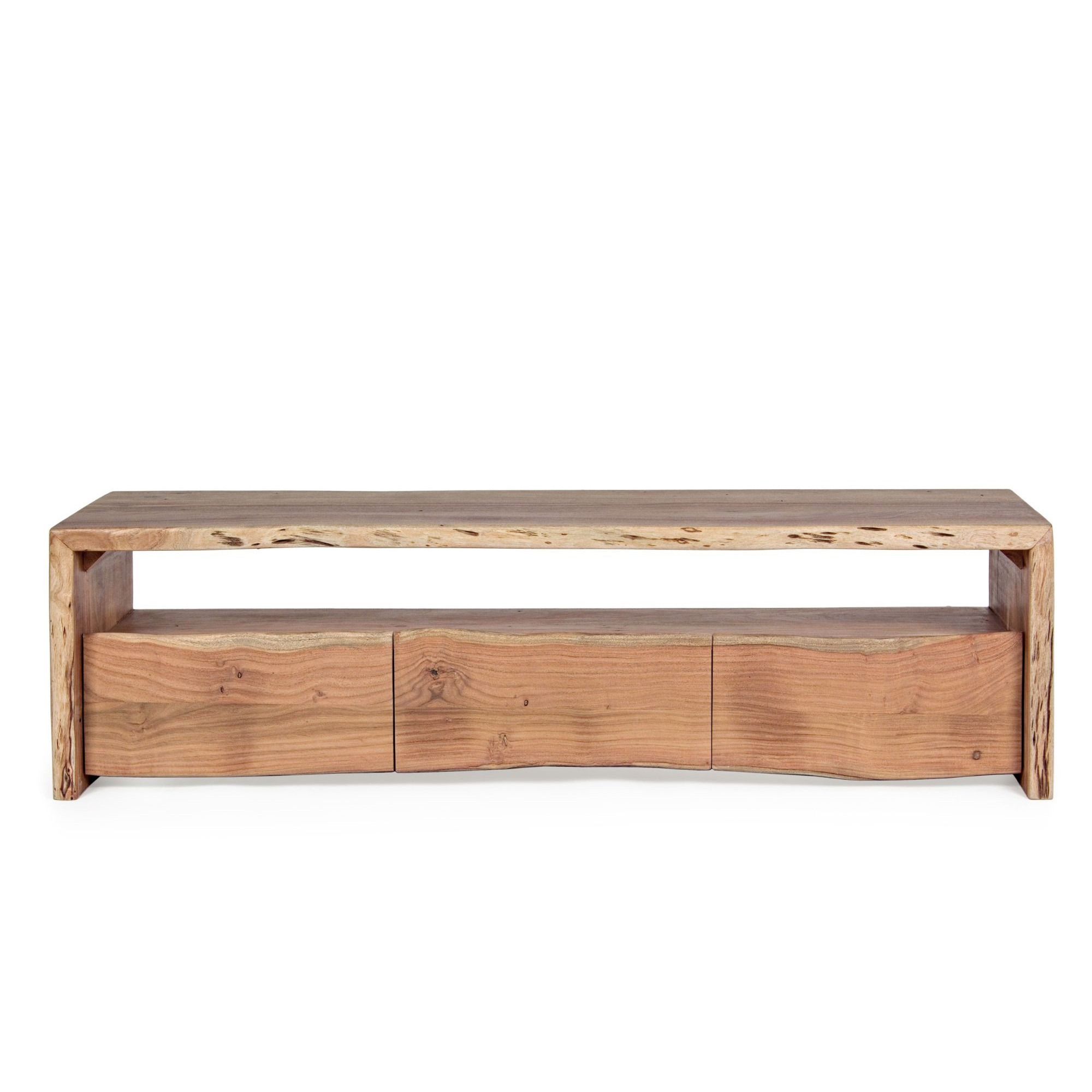 Meuble TV en bois d&rsquo;acacia naturel 3 tiroirs 1 niche L160