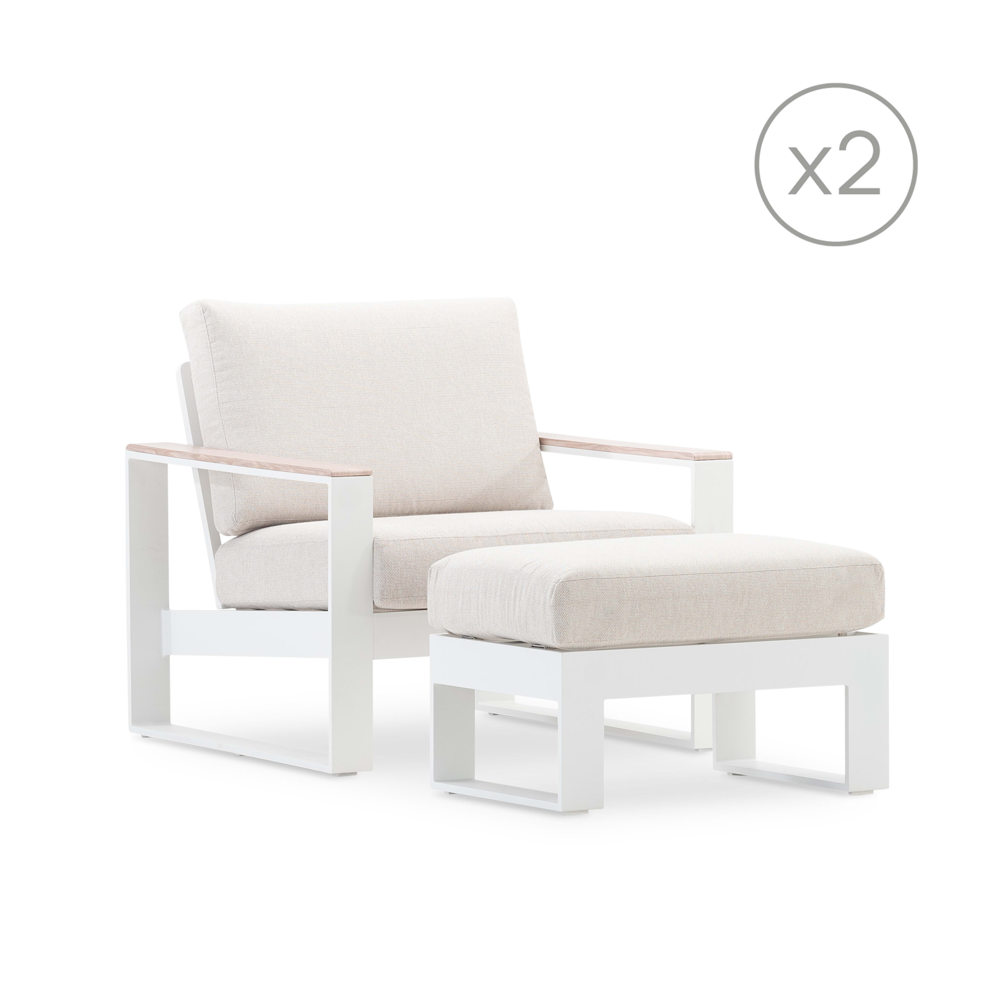 Set 2 fauteuils avec repose-pied alum blanc et accoudoirs effet bois