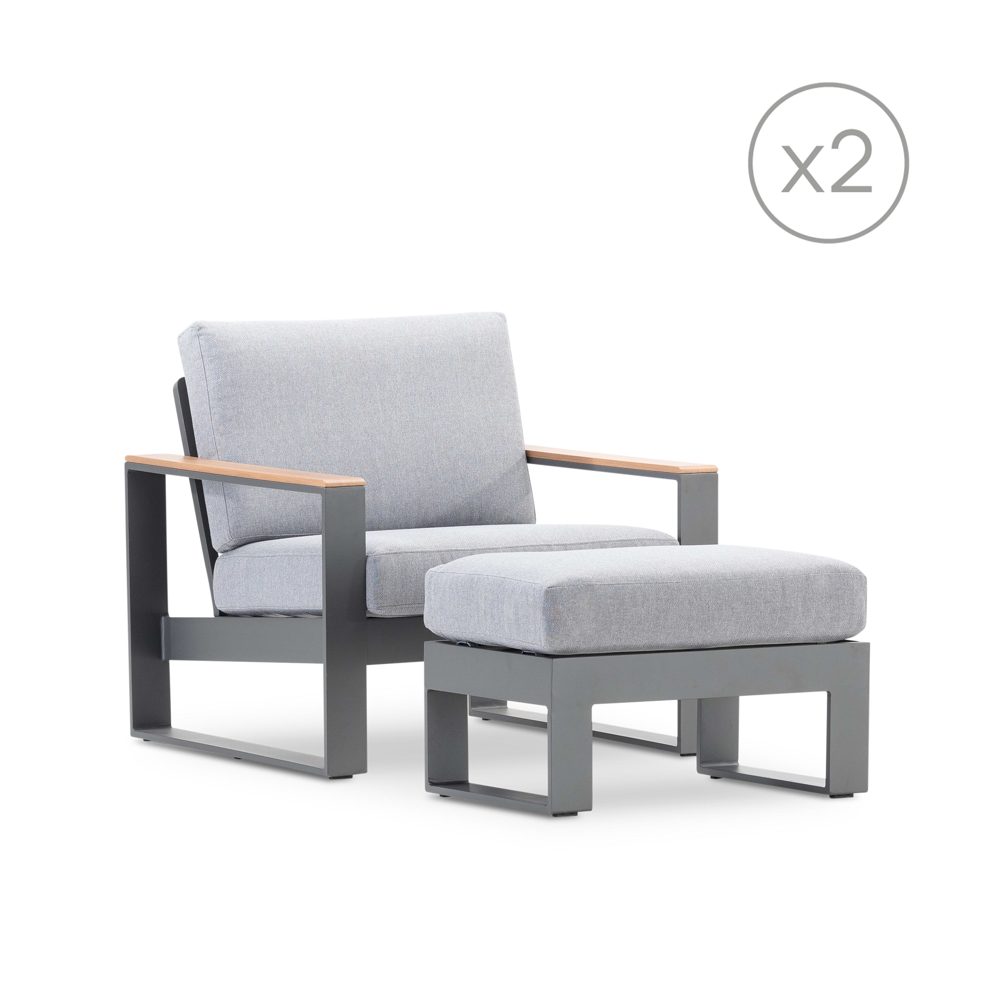 Set 2 fauteuils et repose-pied alu anthracite et accoudoirs effet bois