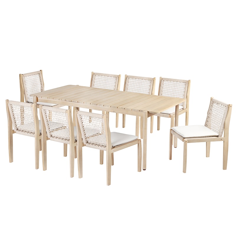 Ensemble table 210cm et 8 chaises en bois d'acacia blanchi