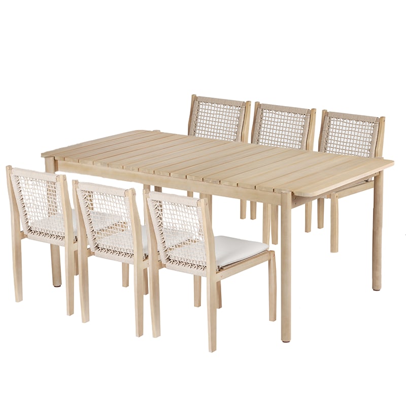 Ensemble table 210cm et 6 chaises en bois d'acacia blanchi