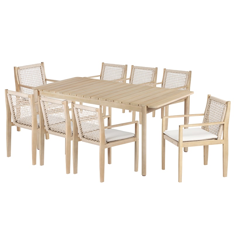 Ensemble table 210cm et 8 fauteuils en bois d'acacia blanchi