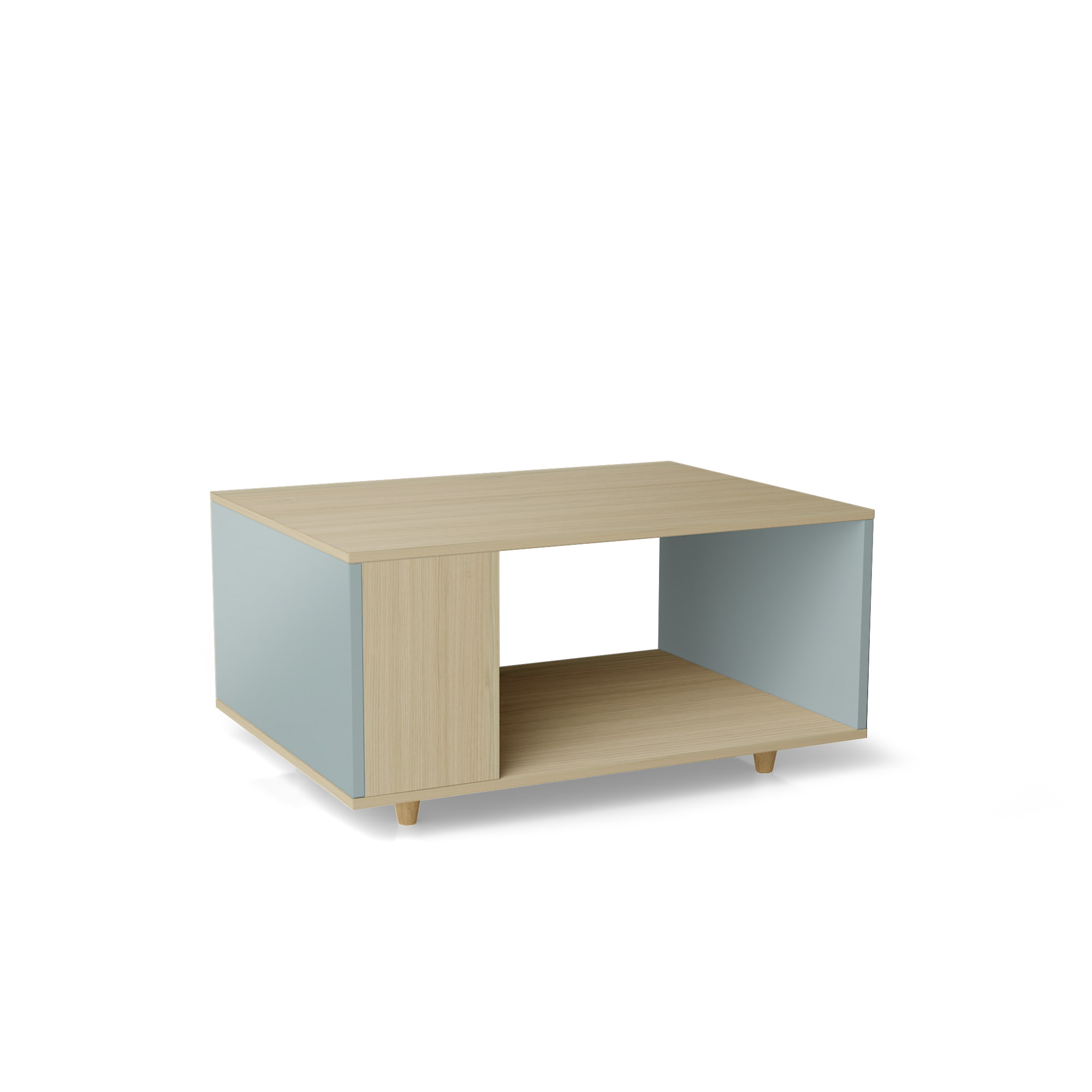 Table basse bois effet chêne clair, 1 porte, bleu clair L90 x l60cm