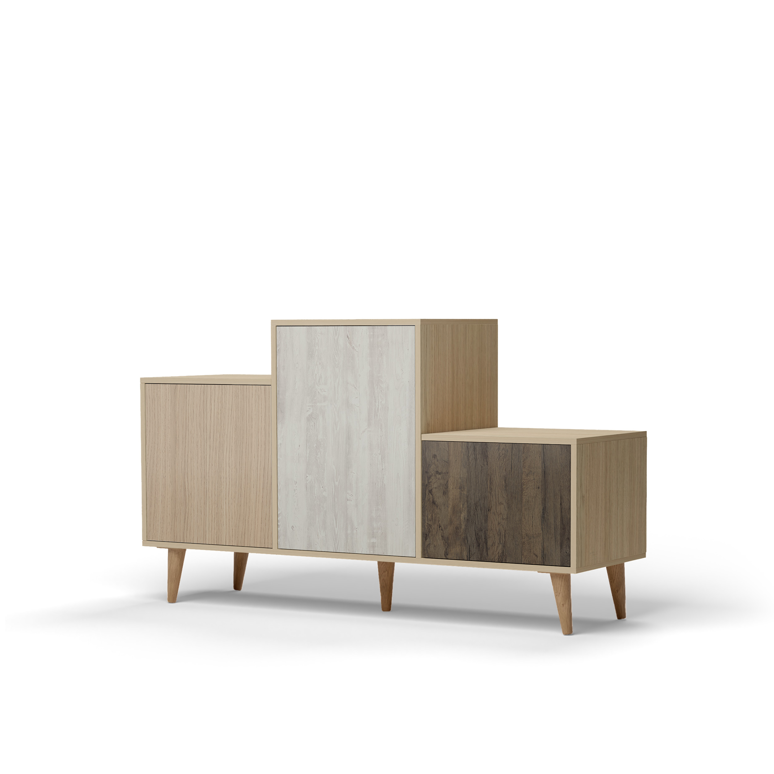 Buffet bois effet chêne clair, 3 portes multicolores L127,40xH74,5cm