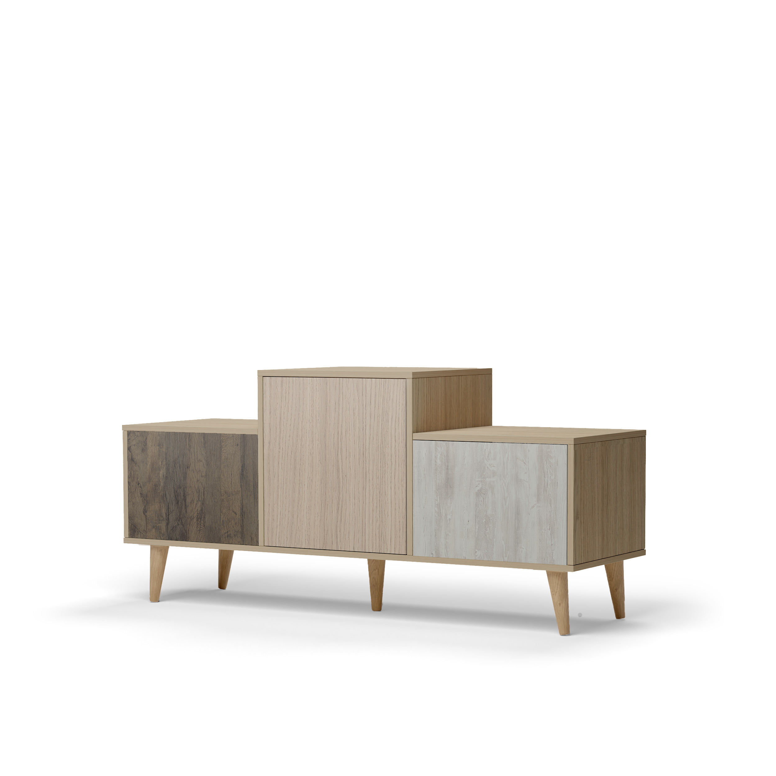 Buffet bois effet chêne clair, 3 portes multicolores L127,40xH60,5cm