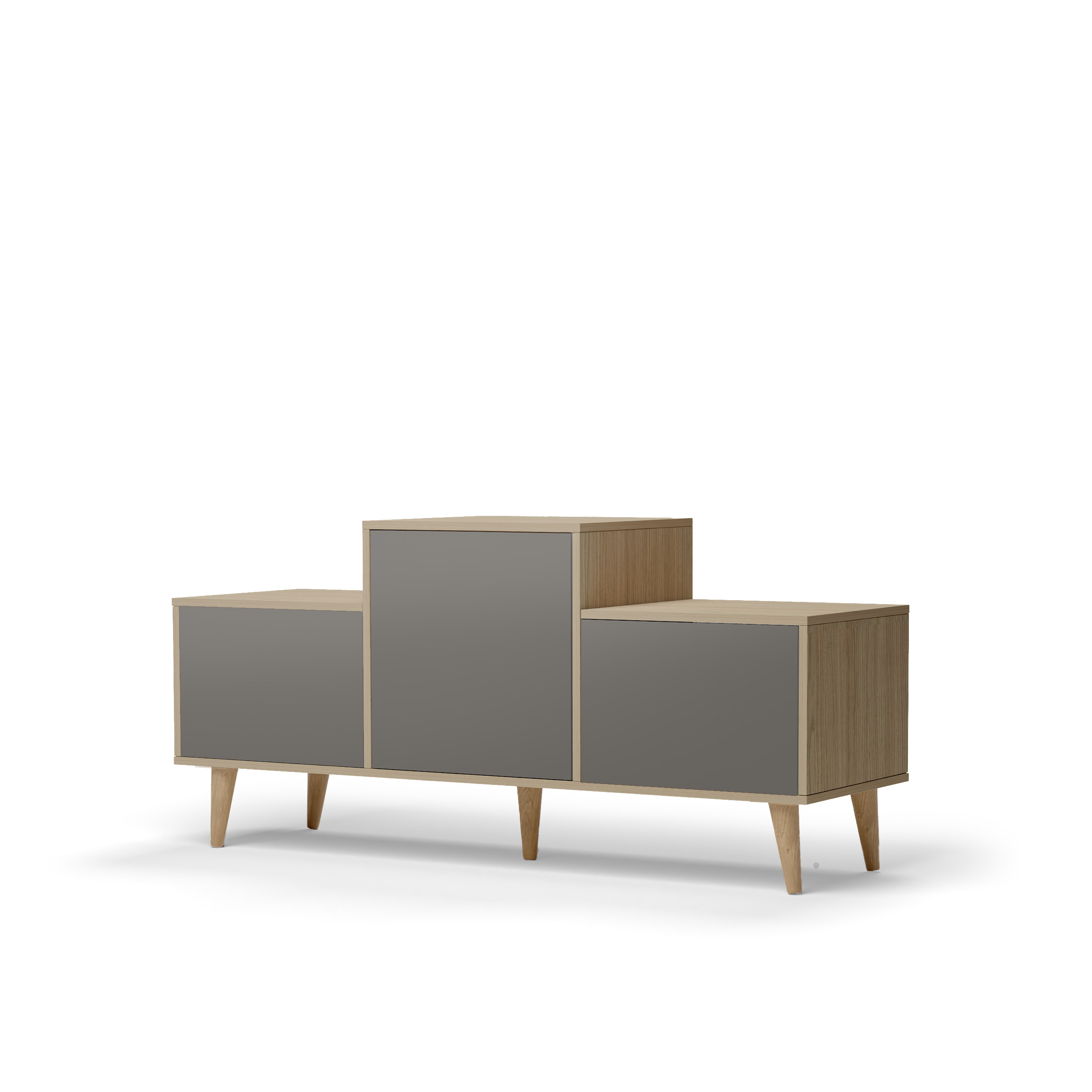 Buffet bois effet chêne clair, 3 portes gris taupe L127,40xH60,5cm