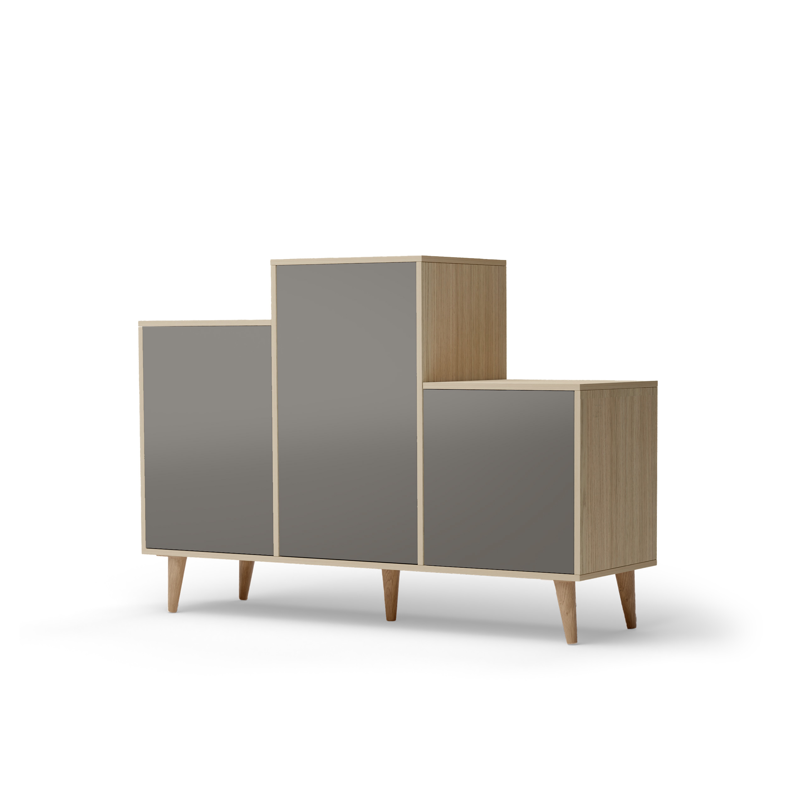 Buffet bois effet chêne clair, 3 portes gris taupe L127,40xH88,5cm