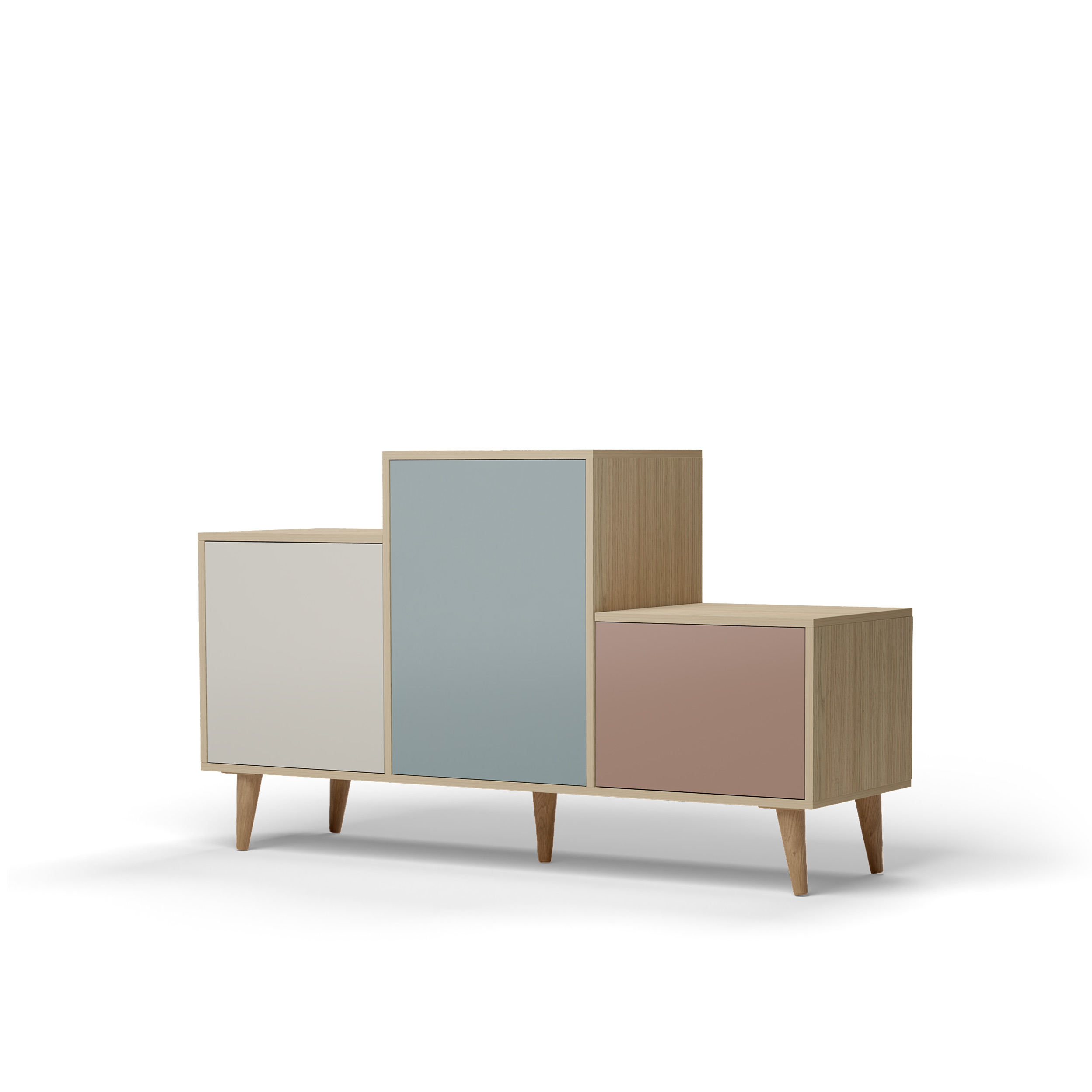 Buffet bois effet chêne clair, 3 portes multicolores L127,40xH74,5cm