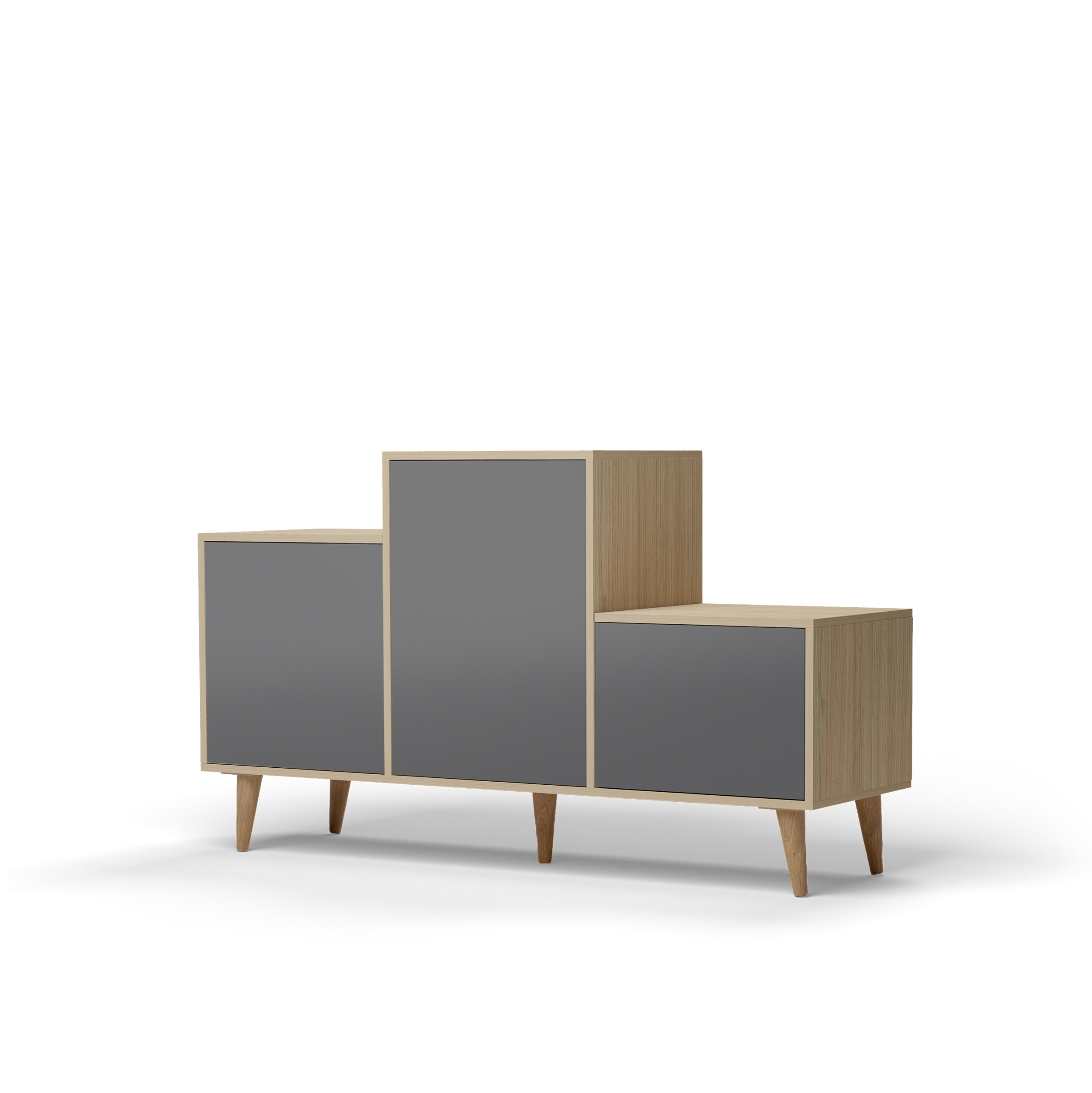 Buffet bois effet chêne clair, 3 portes gris L127,40xH74,5cm